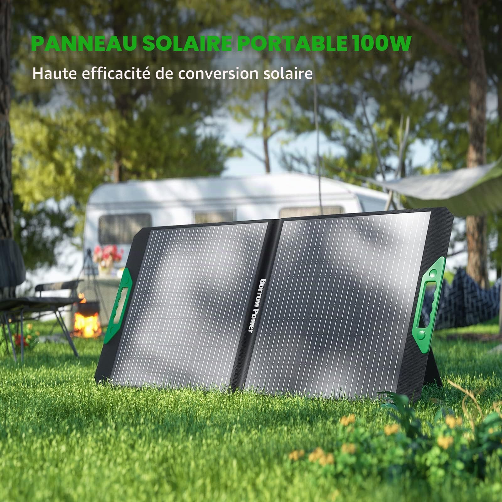 Ensemble de Panneaux Solaires Borrow Power 100W, Chargeur Pliable Portable 18V avec MC4, 2 USB + DC, Taux de Conversion Élevé pour Maison, Camping-Car, Camping, Batterie Externe