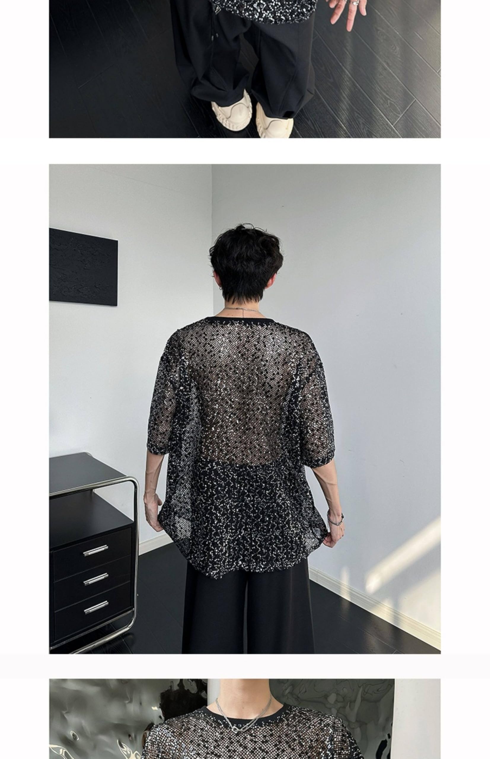 MORISTE Maglietta Uomo Scena con Lustrini, Manica Corta Riflettente Performance Top