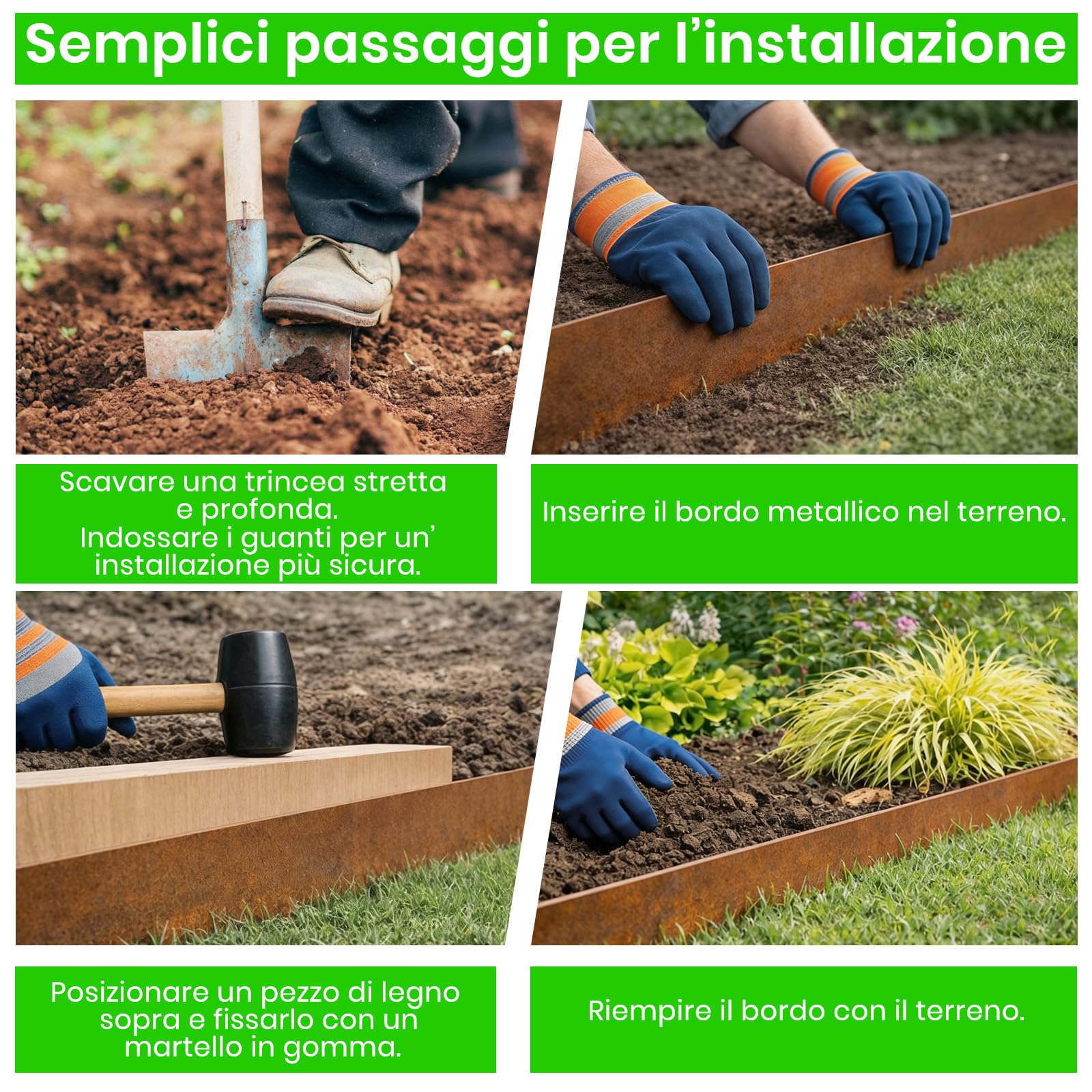 Bordura per Giardino in Acciaio Corten, 12m x 14 cm, Bordo per Aiuola in Metallo Arrugginito, con 1 Paio di Guanti Incluso