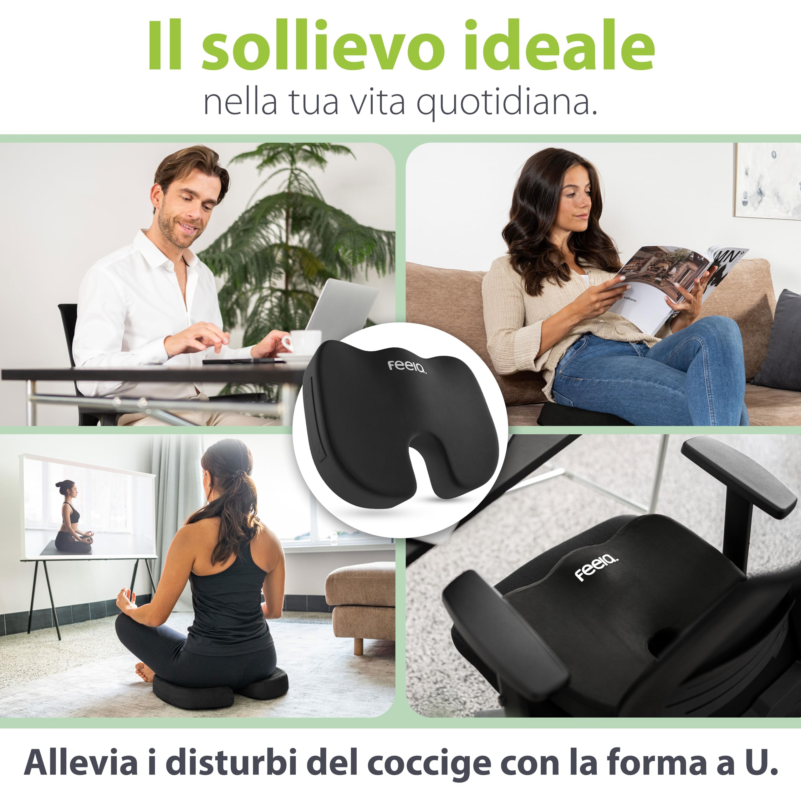 feela.® Cuscino per sedile ortopedico [3 gradi di durezza] – Cuscino da seduta ergonomico per sedia da ufficio, ecc. – Riduce il dolore, migliora il comfort di seduta e allevia il coccige (medio)