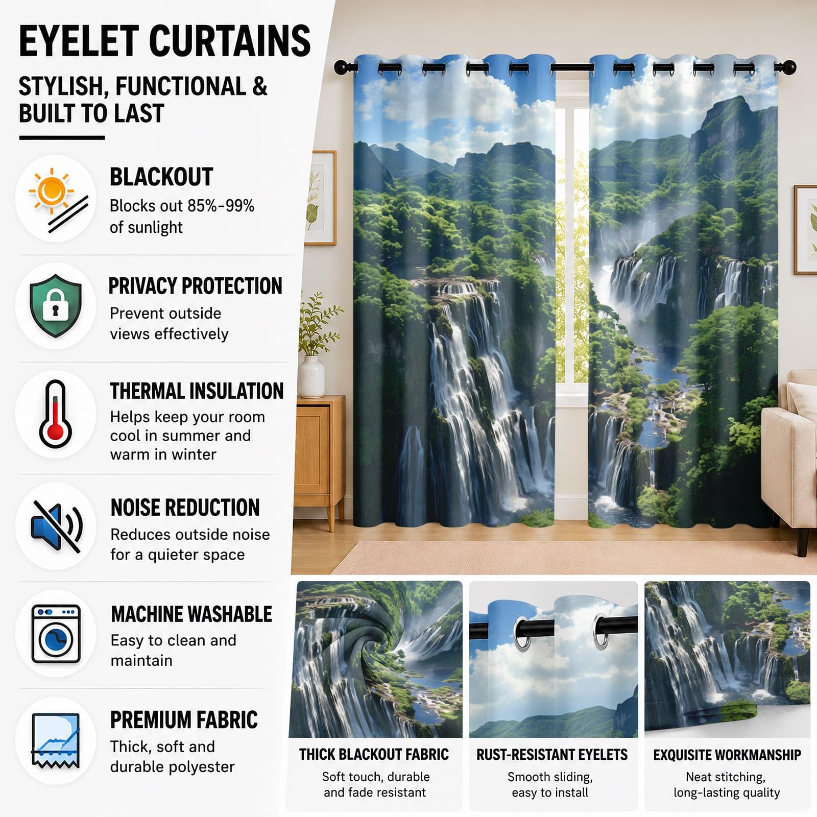 Genérico Cortinas Opacas 140An x 260Al cm (2 Paneles), Paisaje de Cascada Natural Visillo Reductoras Acusticas Antiruido Ojales Dormitorios， Verde Cortina Termicas PoliéSter para Sala de Estar