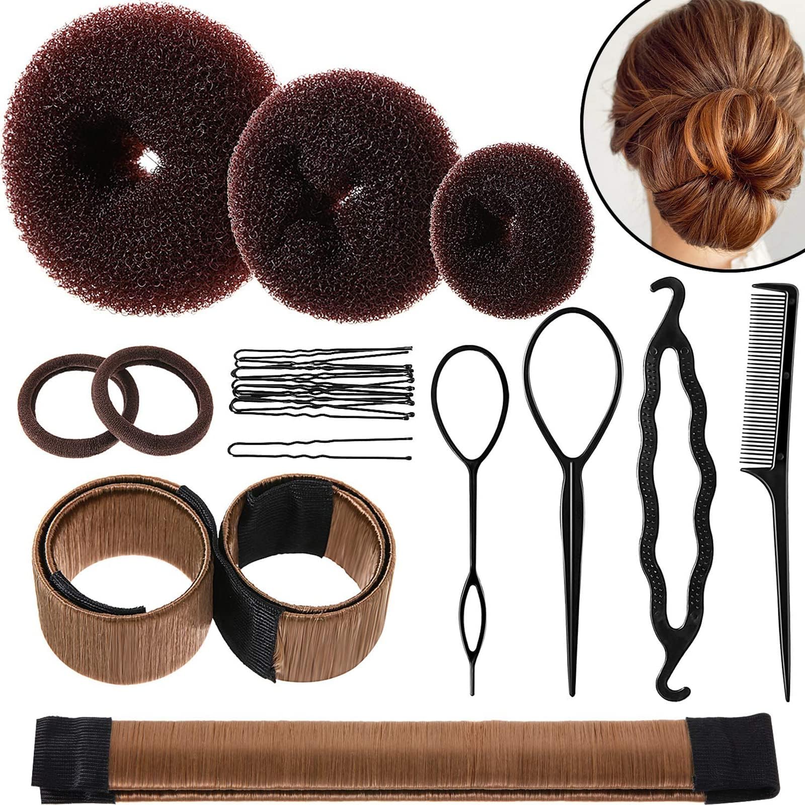 Hair Bun Shaper Set, Include 3 Pieces Hair Bun Donut, 2 Pieces Bun Marker, 4 Pieces Ponytail Hair Tool, 10 Pieces Bobby Pins and 2 Pieces Elastic Bands for Women Kids Hair Bun Maker Kit,Black (Brown)