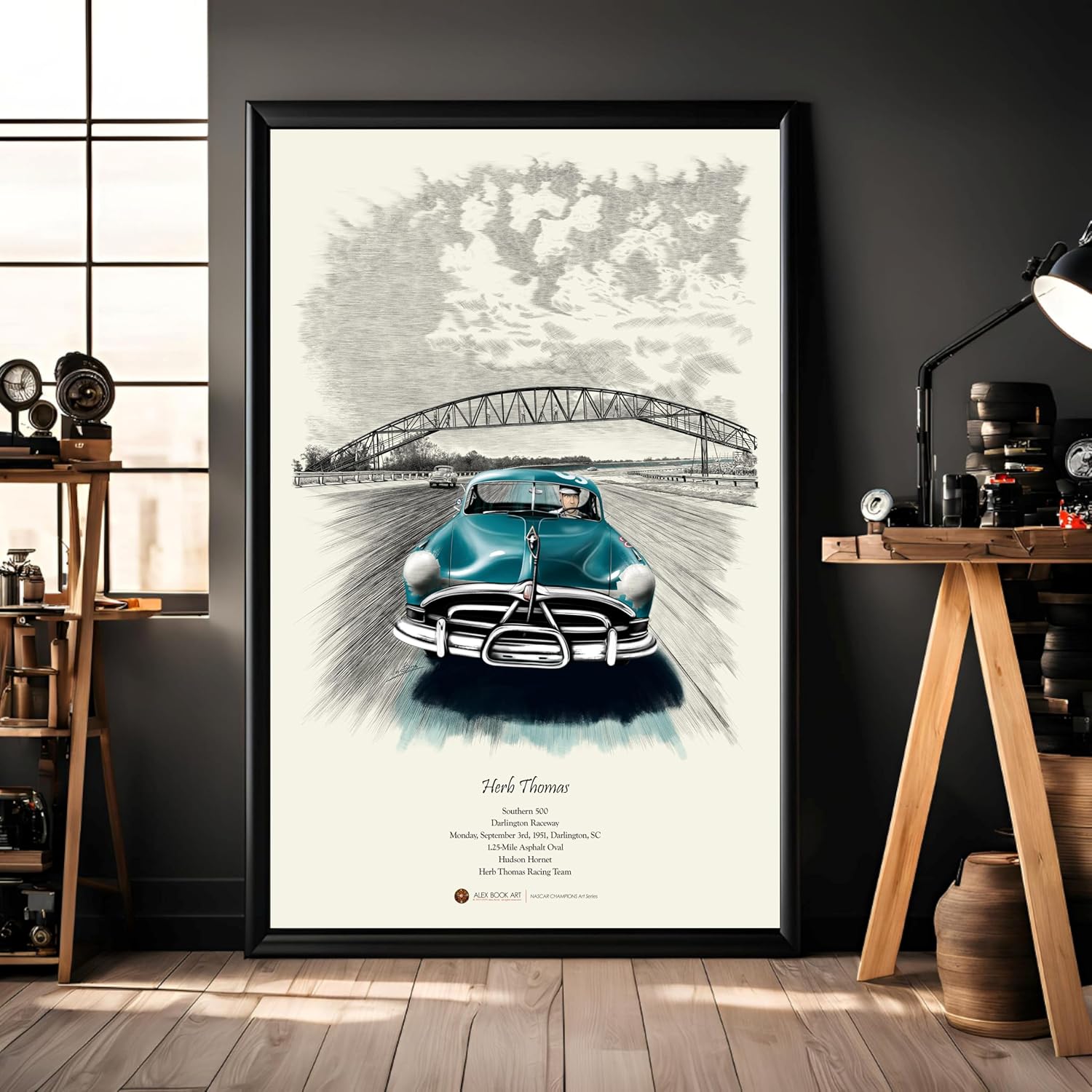 1951 NASCAR Champions Vintage Poster | Herb Thomas Hudson Hornet Ink & Watercolor Wall Art | Darlington Southern 500 Art Print | Best Home, Office, Garage Décor Gift for Race Fans