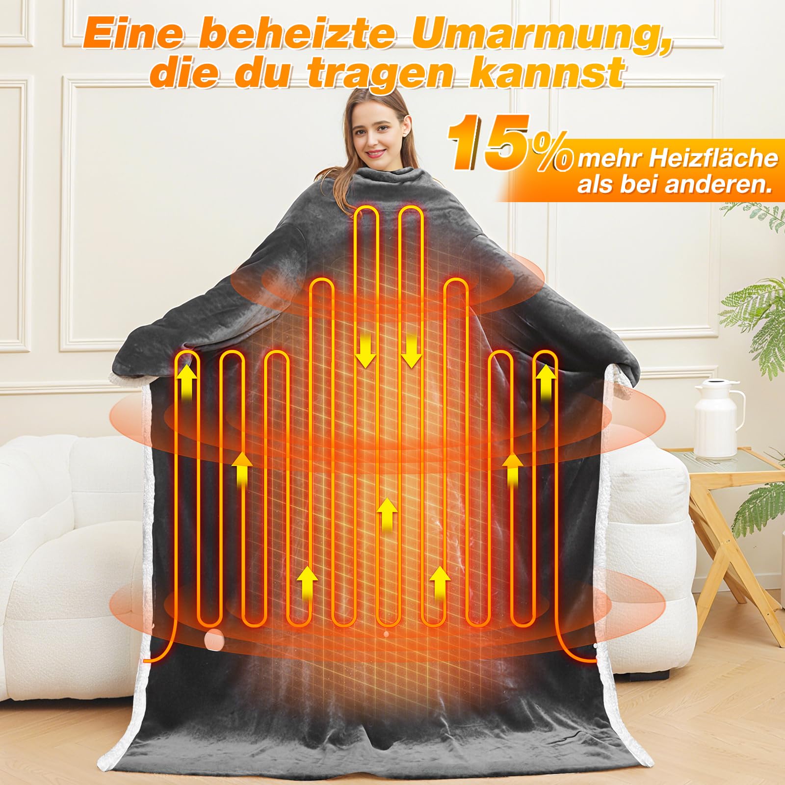Coperta termica elettrica con tasca per piedi, lenzuolo riscaldante portatile con maniche, poncho elettrico, 8 livelli di riscaldamento e 12 ore di tempo preimpostato, 127 x 177 cm, Heated Blanket