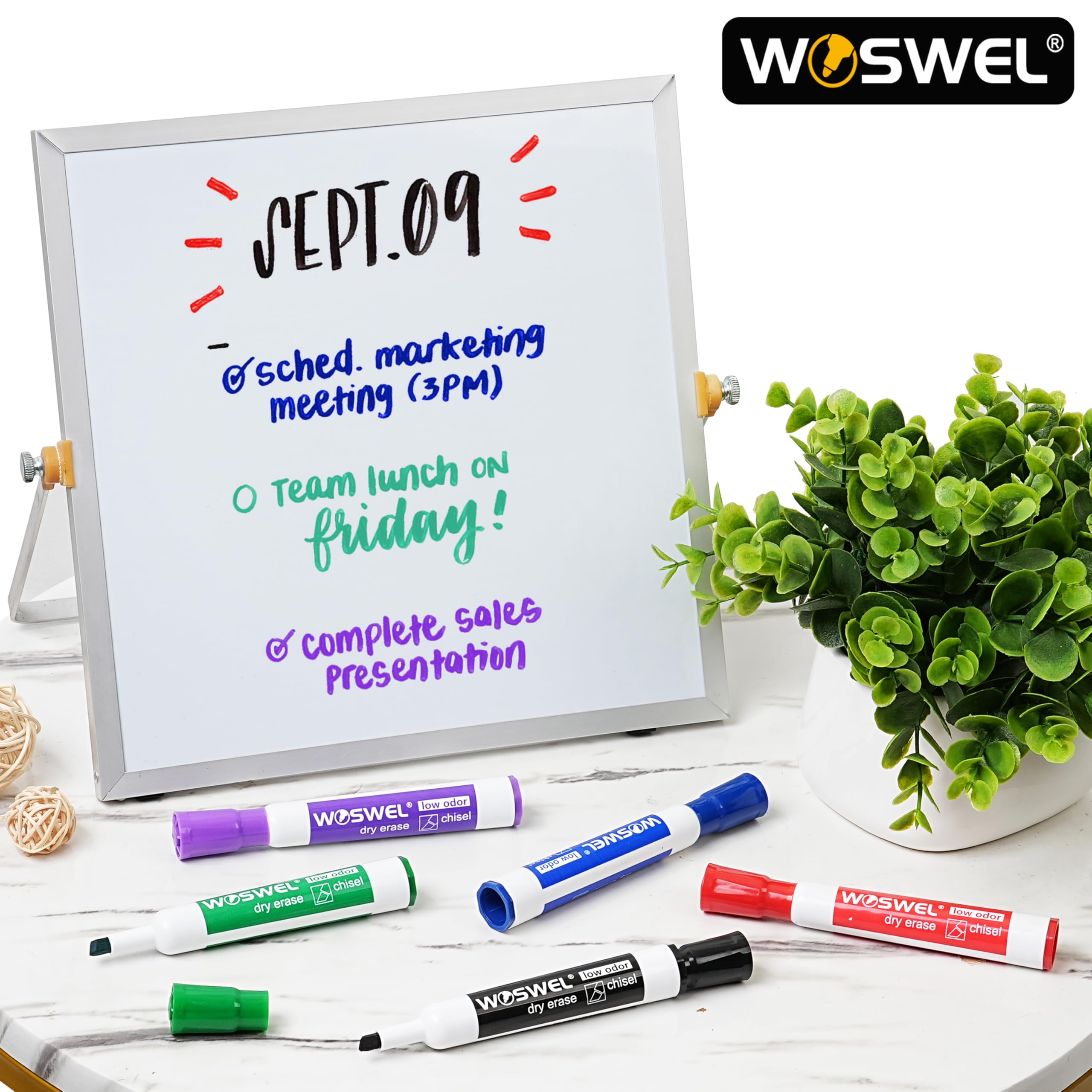 WOSWEL Whiteboard-Marker, trocken abwischbar, mit Keilspitze, geruchsarm, dick, Trockenmarker, 50 Stück, 5 verschiedene Farben für Kinder/Lehrer, Klassenzimmer, Büro und Zuhause