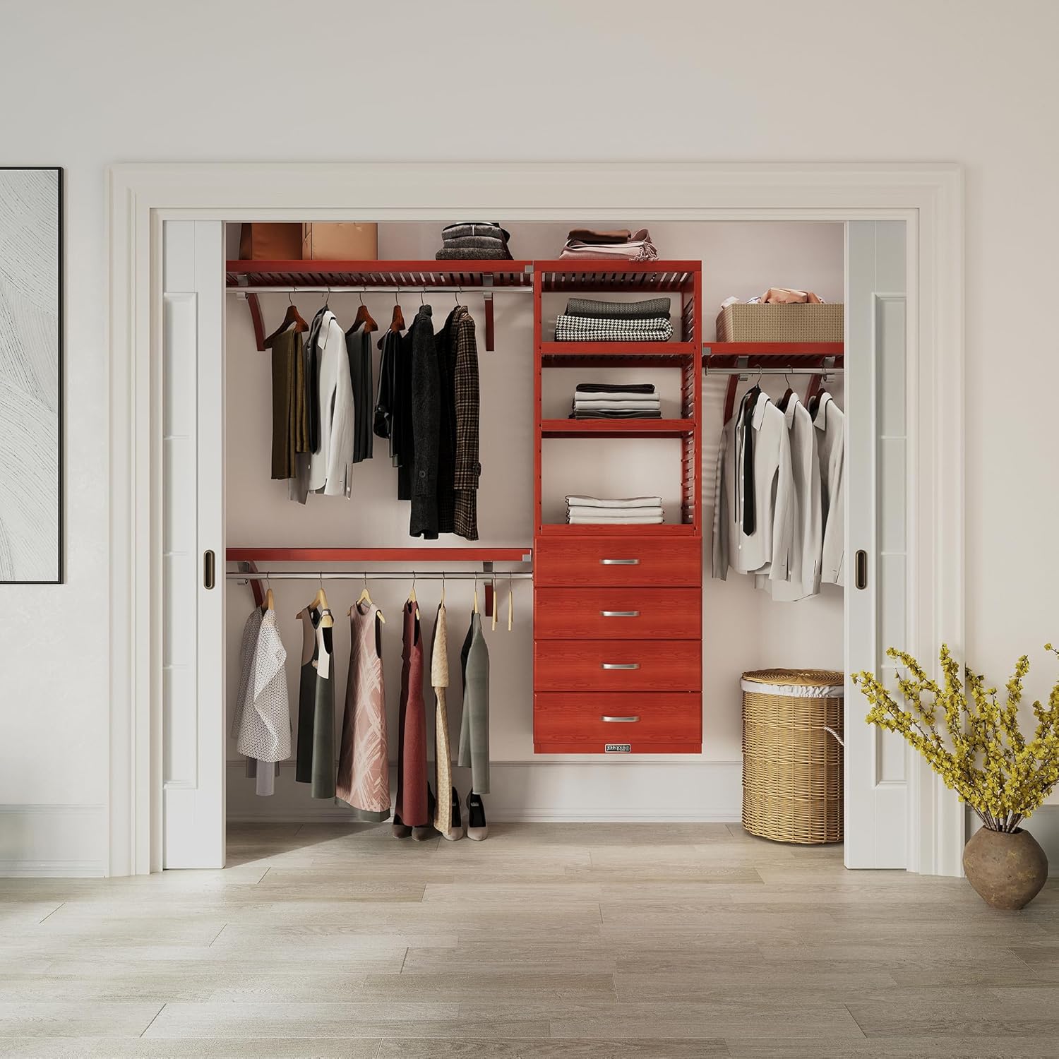 Wood Closet Organizer System with Shelves, 4 Drawers & Hanging Rods - Wall Mounted Reach-in – Red Mahogany Finish