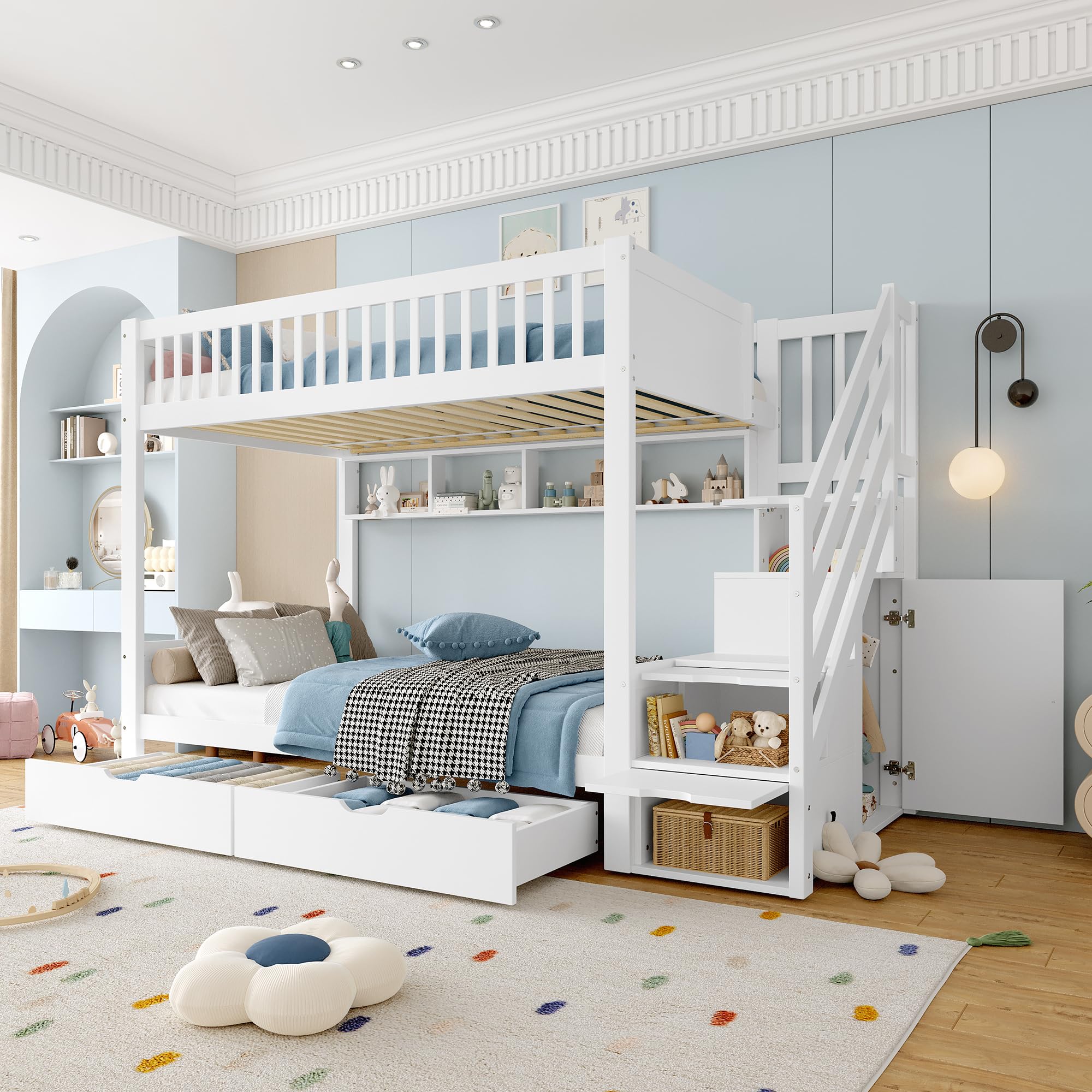 Letto a castello per 2 bambini, 90 x 200 cm, con scale, letto a soppalco con armadietti e protezione dalle cadute, con cassetto e scaffale, letti per ragazzi e ragazze, senza materasso (bianco