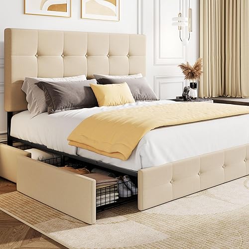 Miniatura 23 de SHA CERLIN - Marco de cama tapizado tamaño queen con plataforma, con 4 cajones de almacenamiento, cabecera ajustable con diseño de botones cosidos