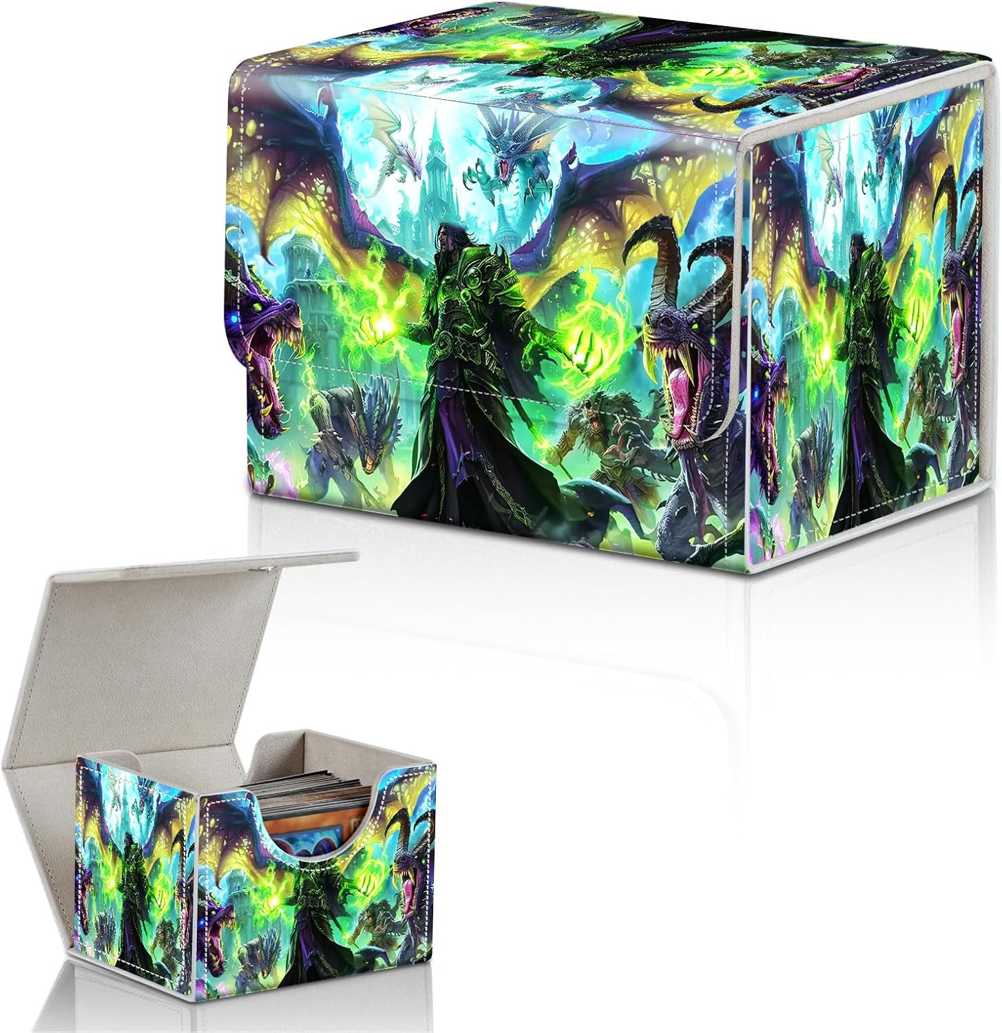 Card Deck Box for MTG,Commander,YuGiOh,Portable 100+ Card Storage Box,Magnetic Closure Durable Leather Trading Card Protector Case for TCG CCG Players & Collectors- Dragon War