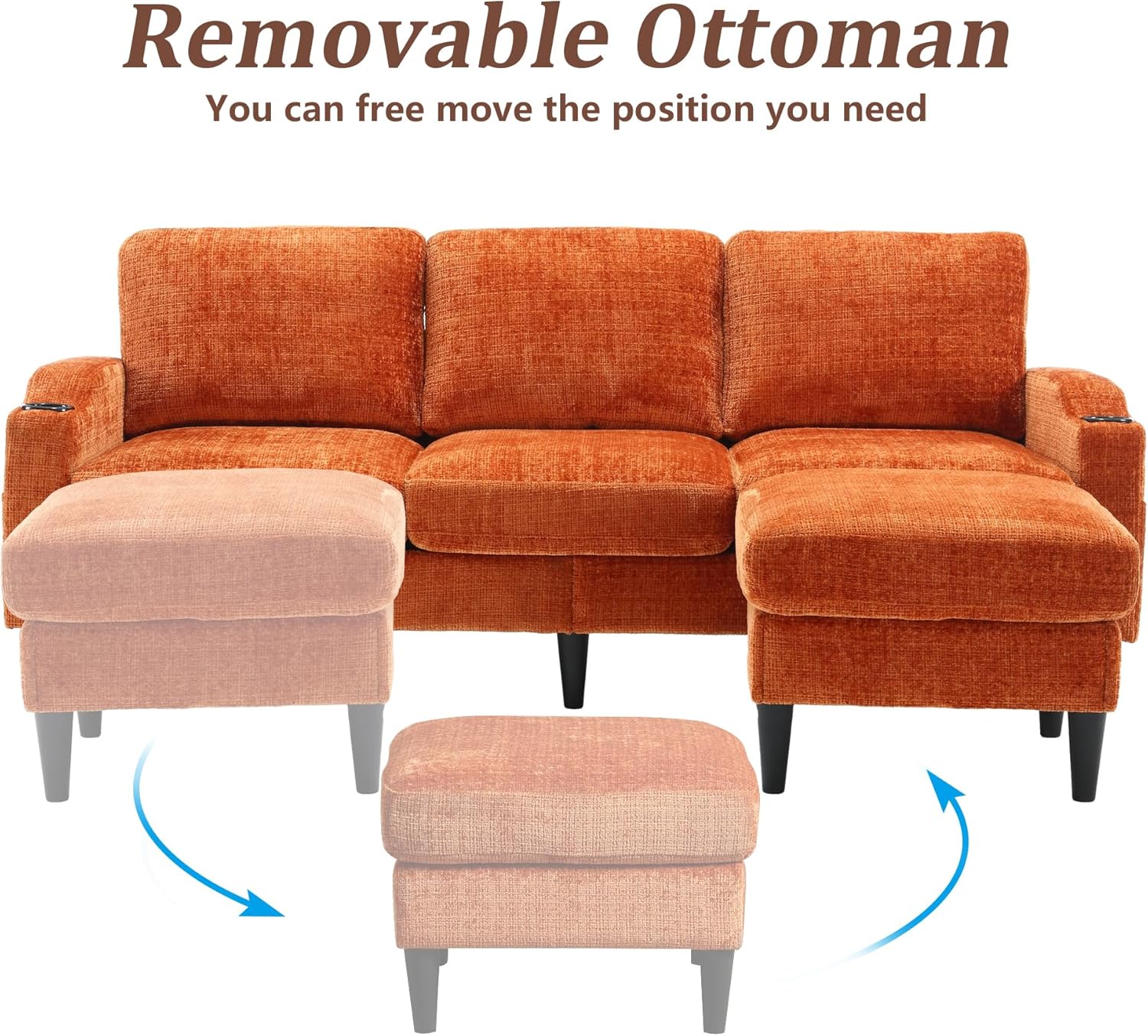 L-Shaped Sectional Sofa, Convertible Sectional Deep Seat Couch with Storage Ottoman, Chenille Fabric Upholstered Recliner Sofa 3 Seater Sofa with Cup Holders for Living Room, Orange