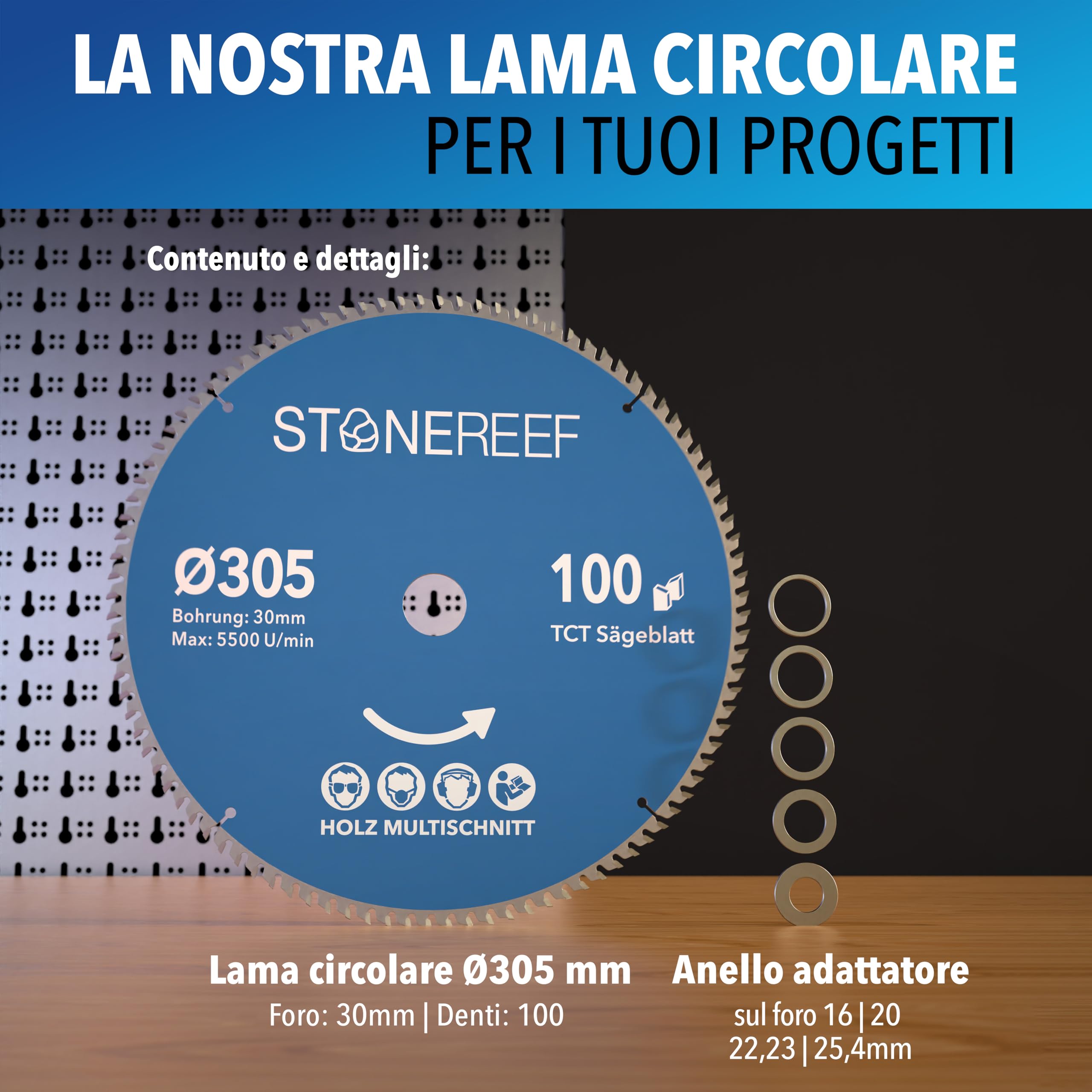 Lama per sega circolare 305 x 30 cm [con adattatore su foro 20 & 16 mm], compatibile con smerigliatrice angolare Bosch, Makita ecc. – Lama per sega circolare – per legno e alluminio