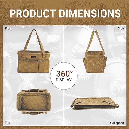 Miniatura 4 de Bolsa de herramientas de lona encerada duradera de 16 onzas con marco de metal, bolsa de herramientas plegable grande de 13.5 pulgadas (caqui  13.5
