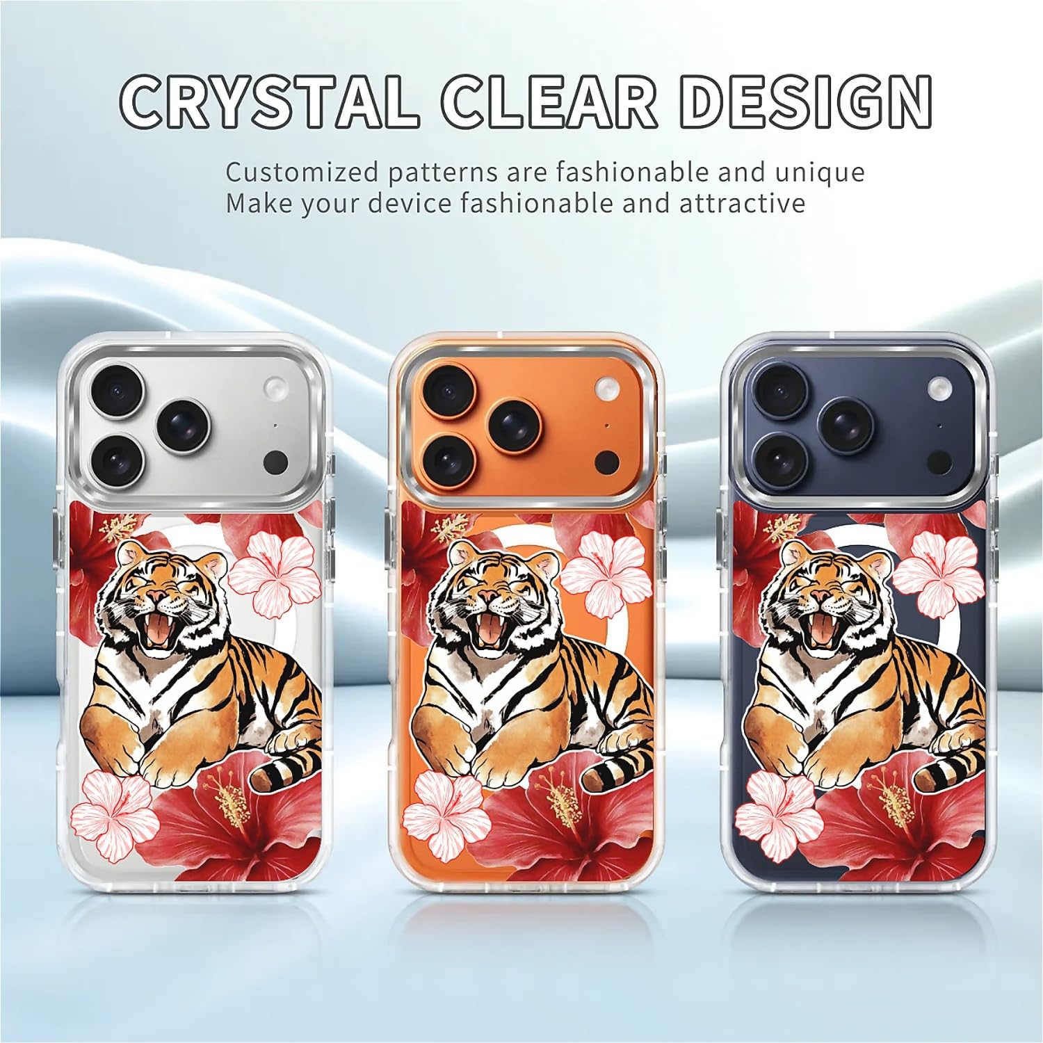 Custodia per iPhone 17 Pro [compatibile con Magsafe], custodia magnetica trasparente in silicone antiurto con motivo ibisco fiore tigre