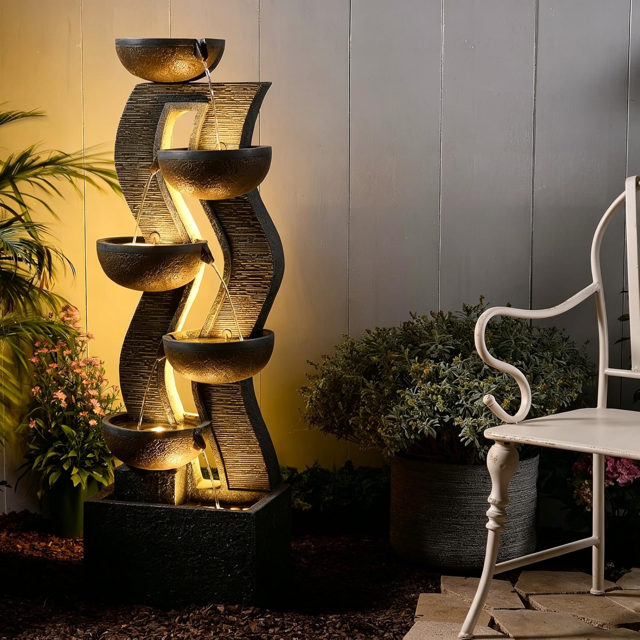 Bumilgar 52.8" Modern Curved 6-Tier Water Fountain Grey Stone LED Outdoor