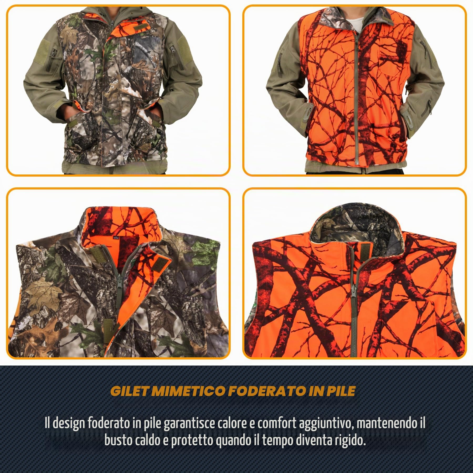 GUGULUZA Gilet da caccia da uomo morbido gilet Safty con tasche reversibile arancione + mimetico