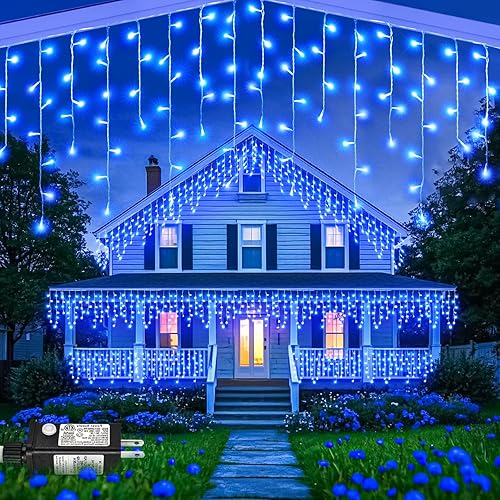 Luces de Navidad azules de 99 pies para exteriores, 1216 luces LED de carámbano para exteriores de la casa con cable transparente, 8 modos de