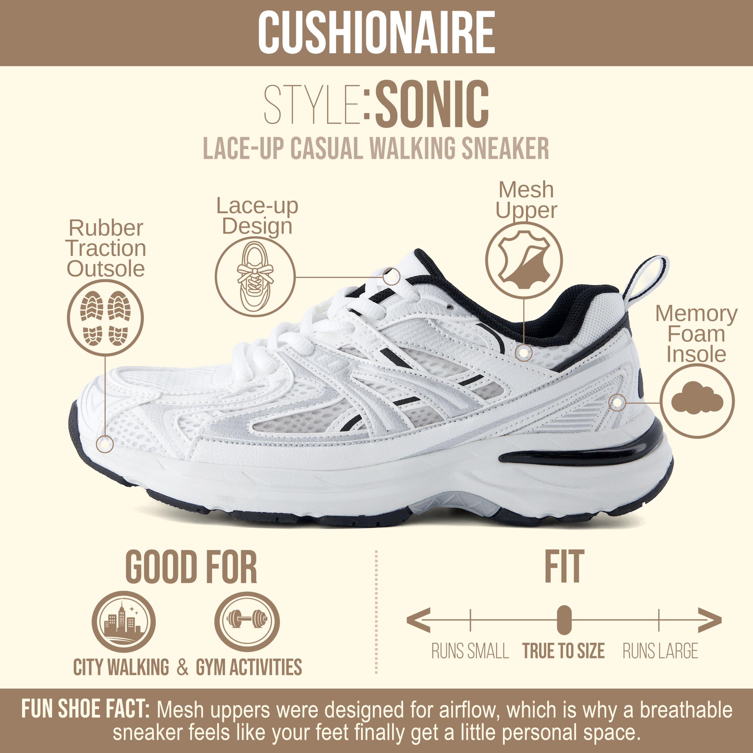 CUSHIONAIRE Sonic - Tenis cómodos e informales para caminar para mujer, de tela y cuero vegano, con cordones y espuma viscoelástica, Blanco/Negro, 38 EU