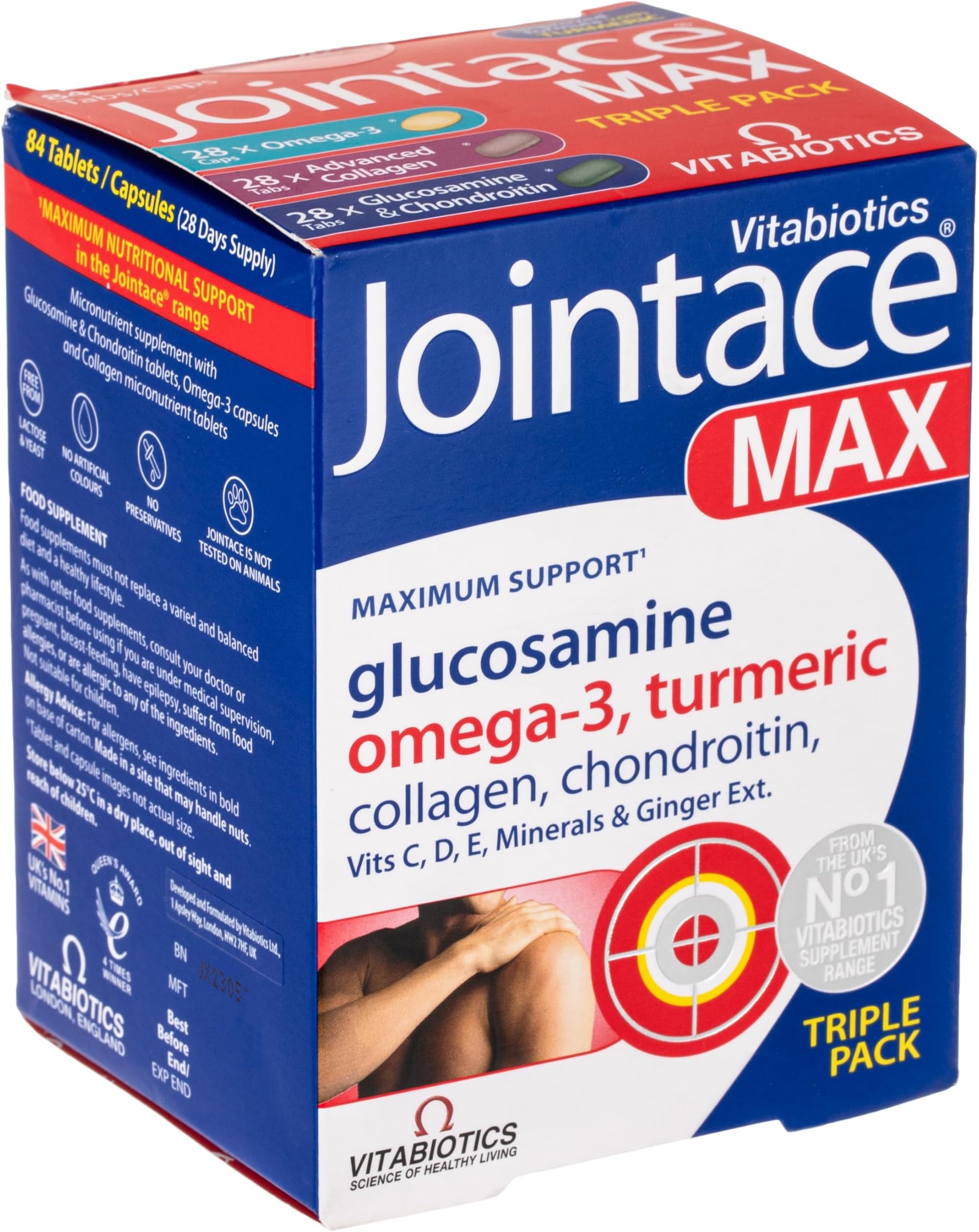 Jointace Max 56 Tablets + 28 Capsules| Triple Combination: Glucosamine Chondroitin, Omega-3 and Collagen | Max 3-in-1 Support: Collagen Formation - Connective Tissues & Bone Health