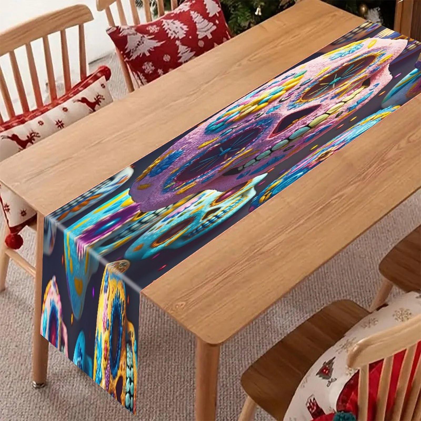 Sugar Skull Table Runner Modern Art Farmhouse Linen Table Runner Dresser Scarf Seasonal Kitchen Dining Table Decoration Dresser Scarves for Home Party Decor 13x70 Inch