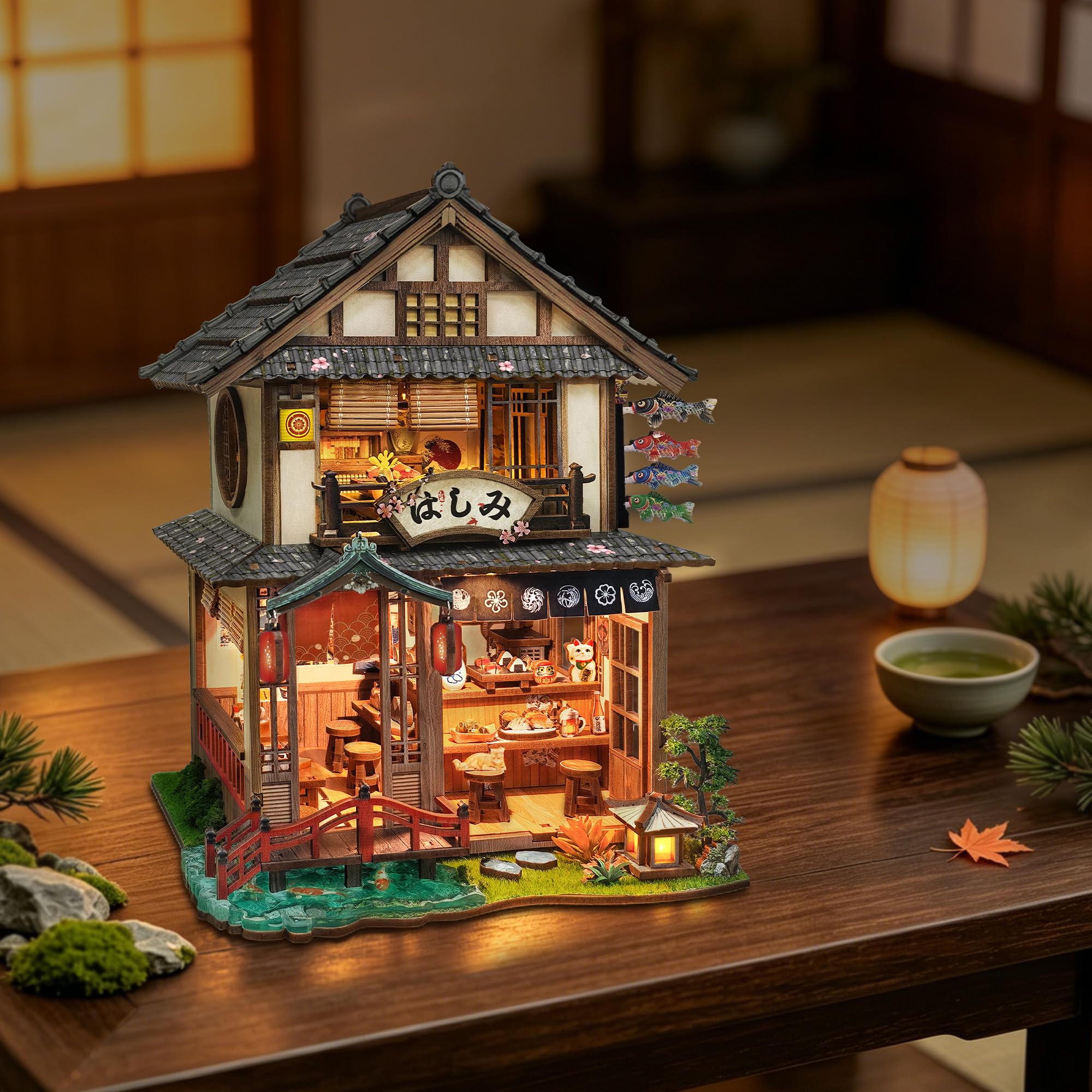 Japoński Book Nook kit DIY miniaturowy domek dla lalek zestaw do montażu z diodami LED | Drewniane puzzle 3D Tiny House Book Nook Dekoracja do domu i biura, kreatywne rzemiosło, prezent, dla dorosłych