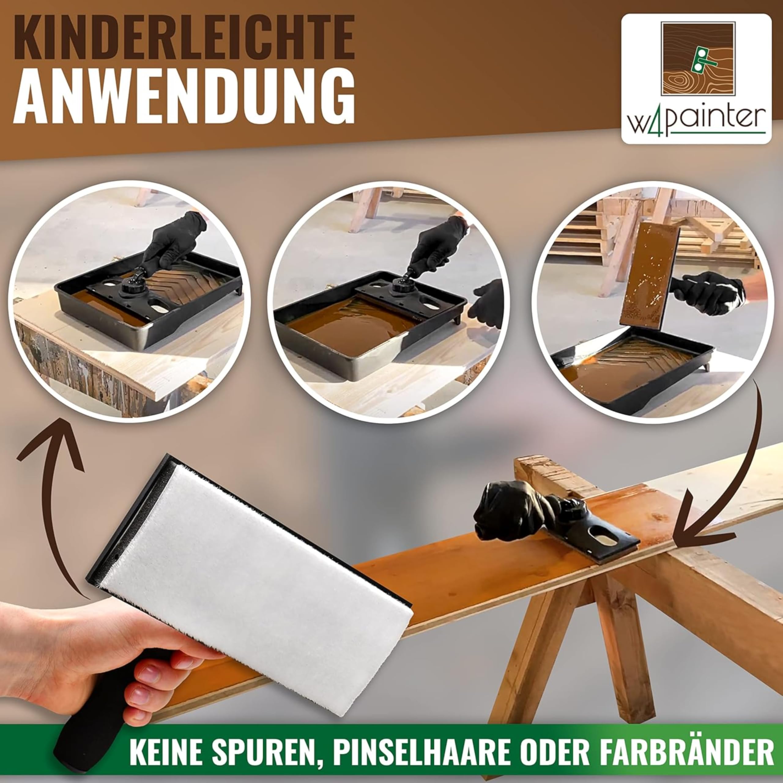 W4 Flächenstreicher für Holz - 3er Streichset Holz - ideale Pinsel Alternative - Streichwerkzeug für Lasuren, Farben, Öle, Versiegelungen - Anstreich Werkzeug