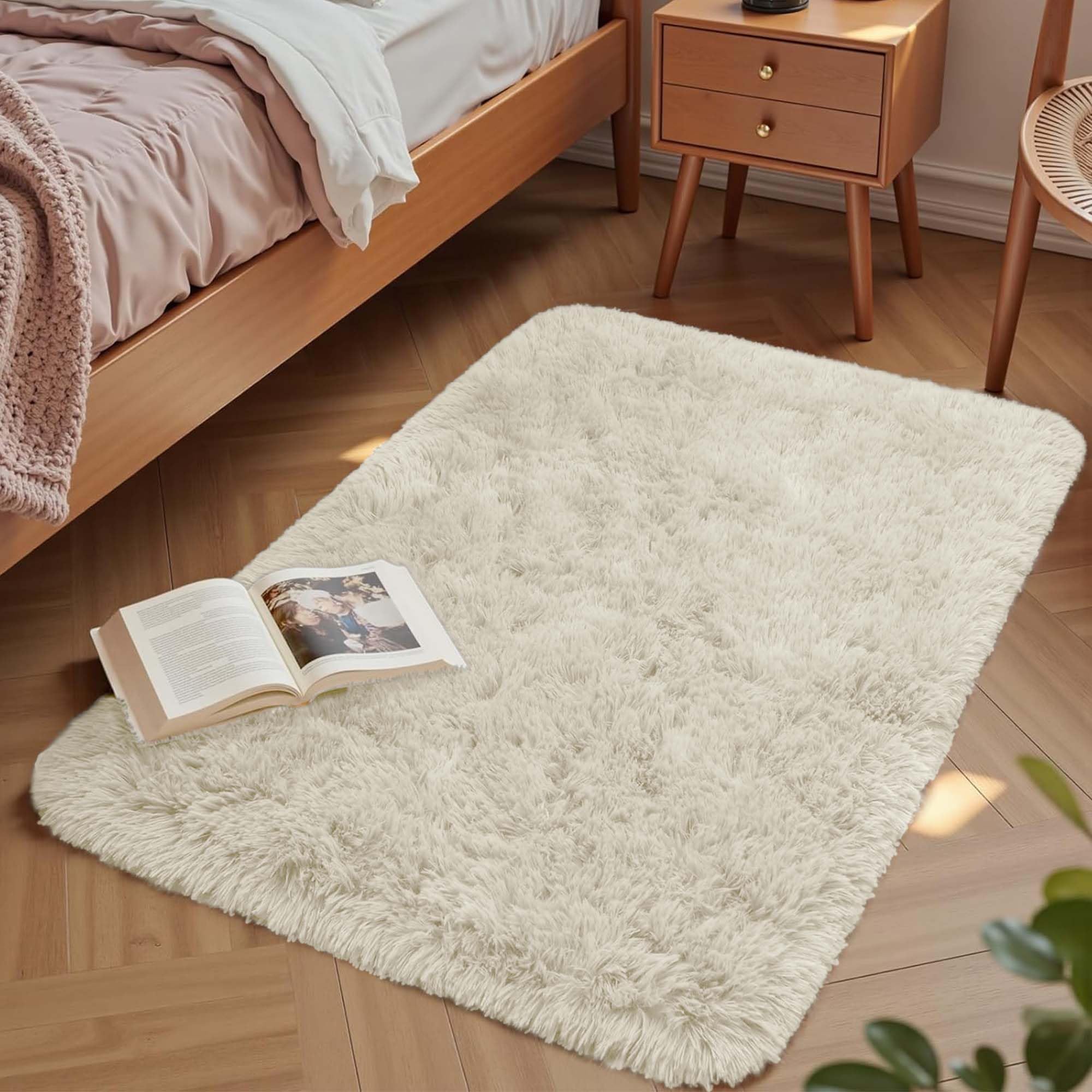 Aspire Homeware Small Fluffy Bedroom Rug – Cream Area Rugs 50x80cm for Living Room Plush Carpet Modern Soft Shaggy Pile Faux Fur Rug for Home