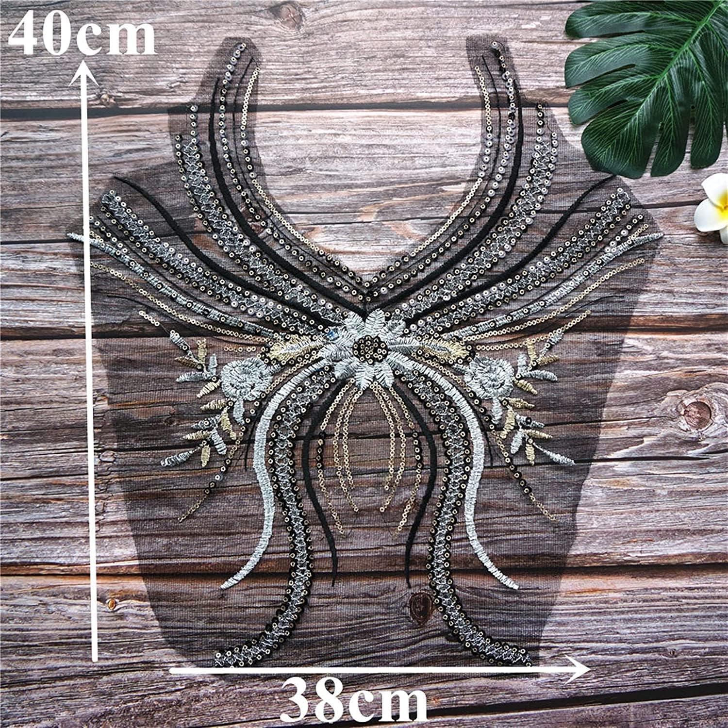 Appliqué Decorativi per Abiti da Cerimonia, Nappa con Paillettes Tessuto di Pizzo Nero Colletto a Fiori Abito