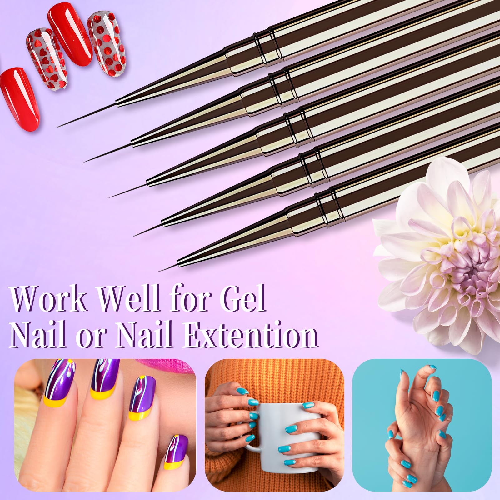 Lokaloka 6/9/12/15/18mm Pennelli Unghie Gel Sottile Nail Art Professionali con Tappo, 5 Pezzi Pennello French Penna Pennellino Set per Ricostruzione Acrigel Semipermanente