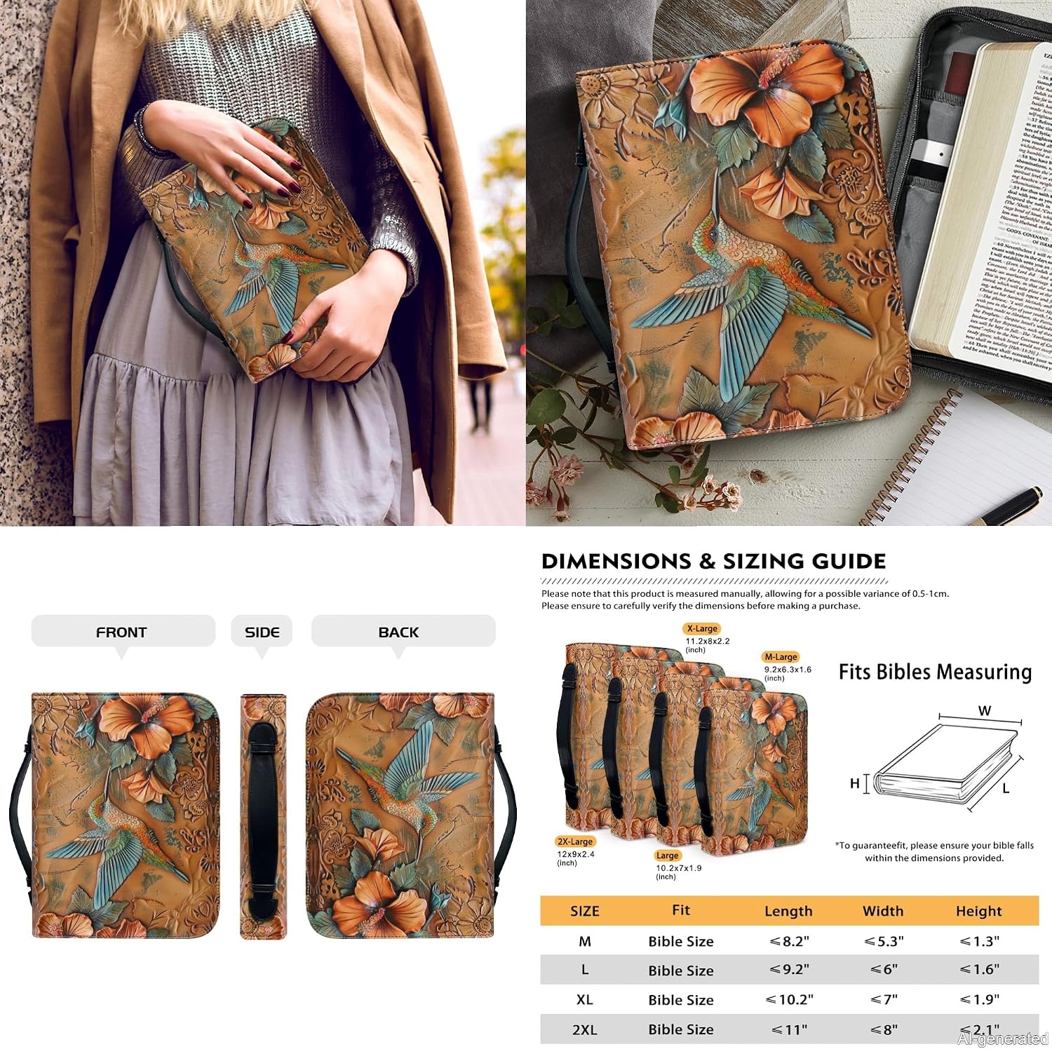 Lotusorchid Hummingbird Print Bible Cover Case with Bookmarks, PU Leather Bible Cover for Women Girls, Portable Bible Carrying Case with Handle and Pocket, Bible Accessories for Christian, Size XL image 2