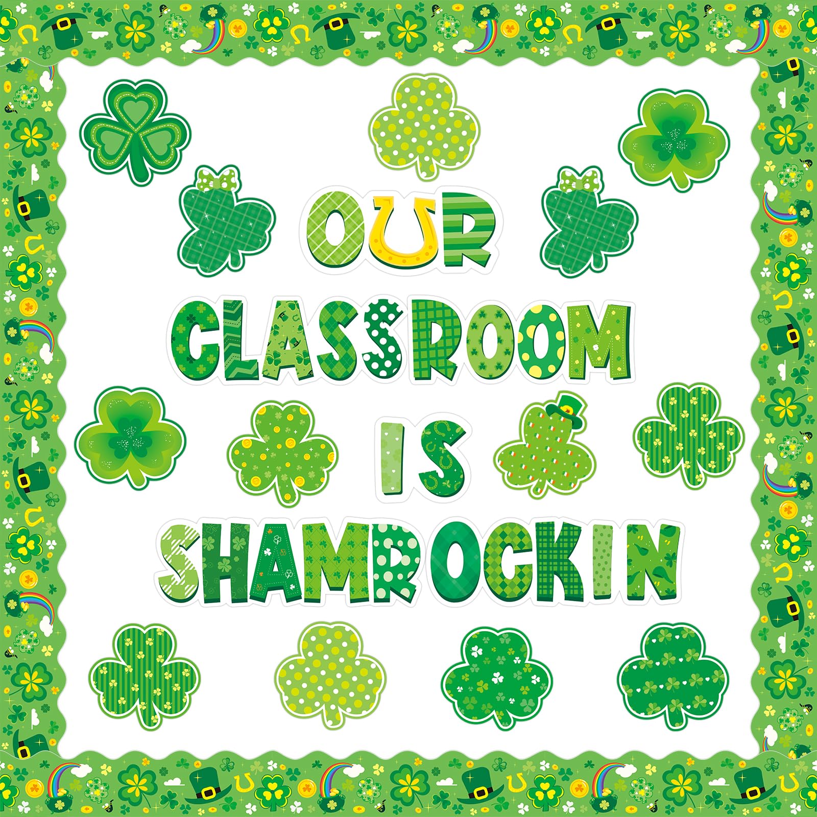 St. Patrick's Day Bulletin Board Decoration Set Shamrock Cutouts Clover Borders for Spring Classroom School Wall Party Decoration