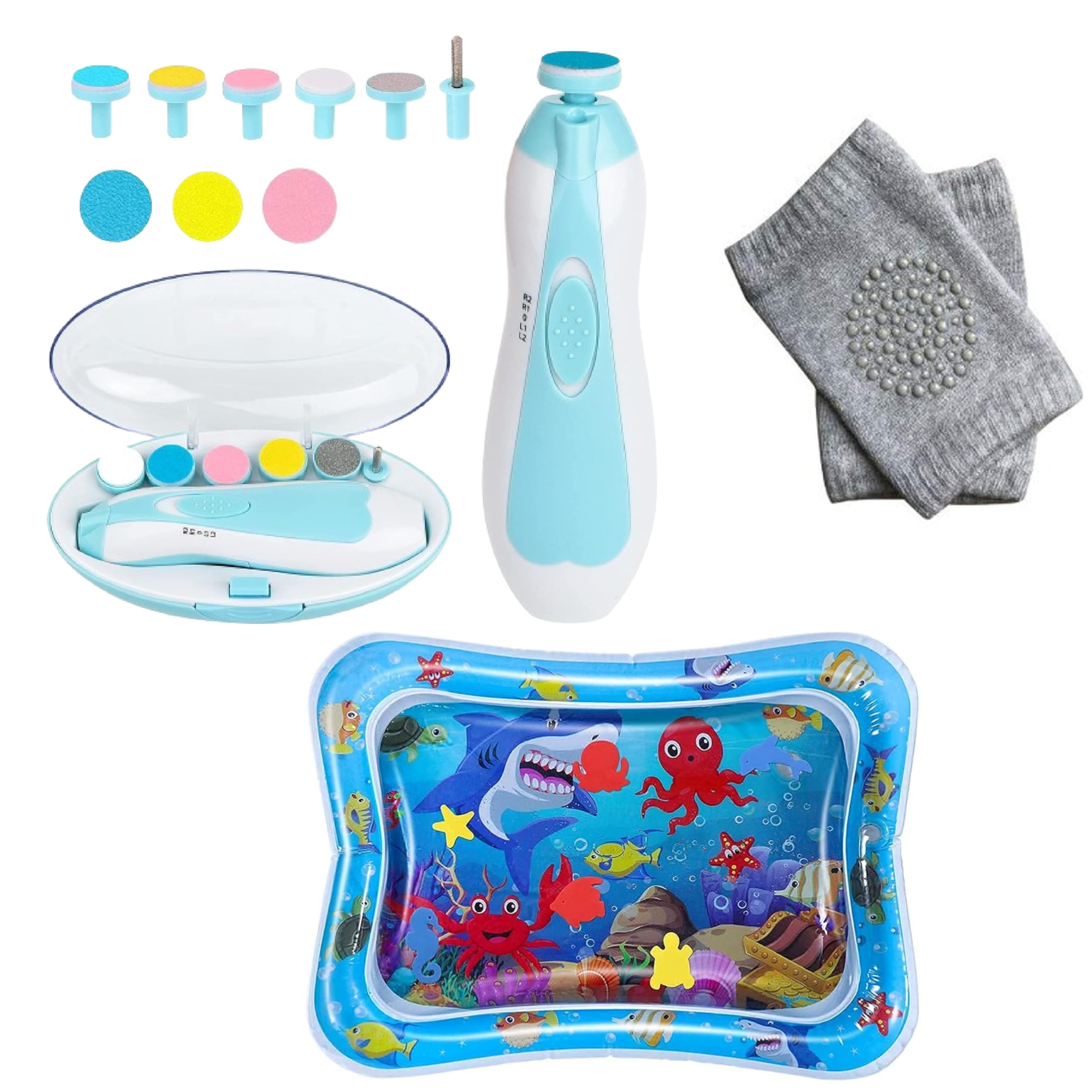 6 in-1 Safety Cutter Electric Nail Trimmer for Baby No Sharp Claws Hurt, Kids Water Mat Toys Inflatable Leakproof Water Mat, with Pair Baby Knee Pads for Crawling, Anti-Slip Padded Combo (Blue)-image-40
