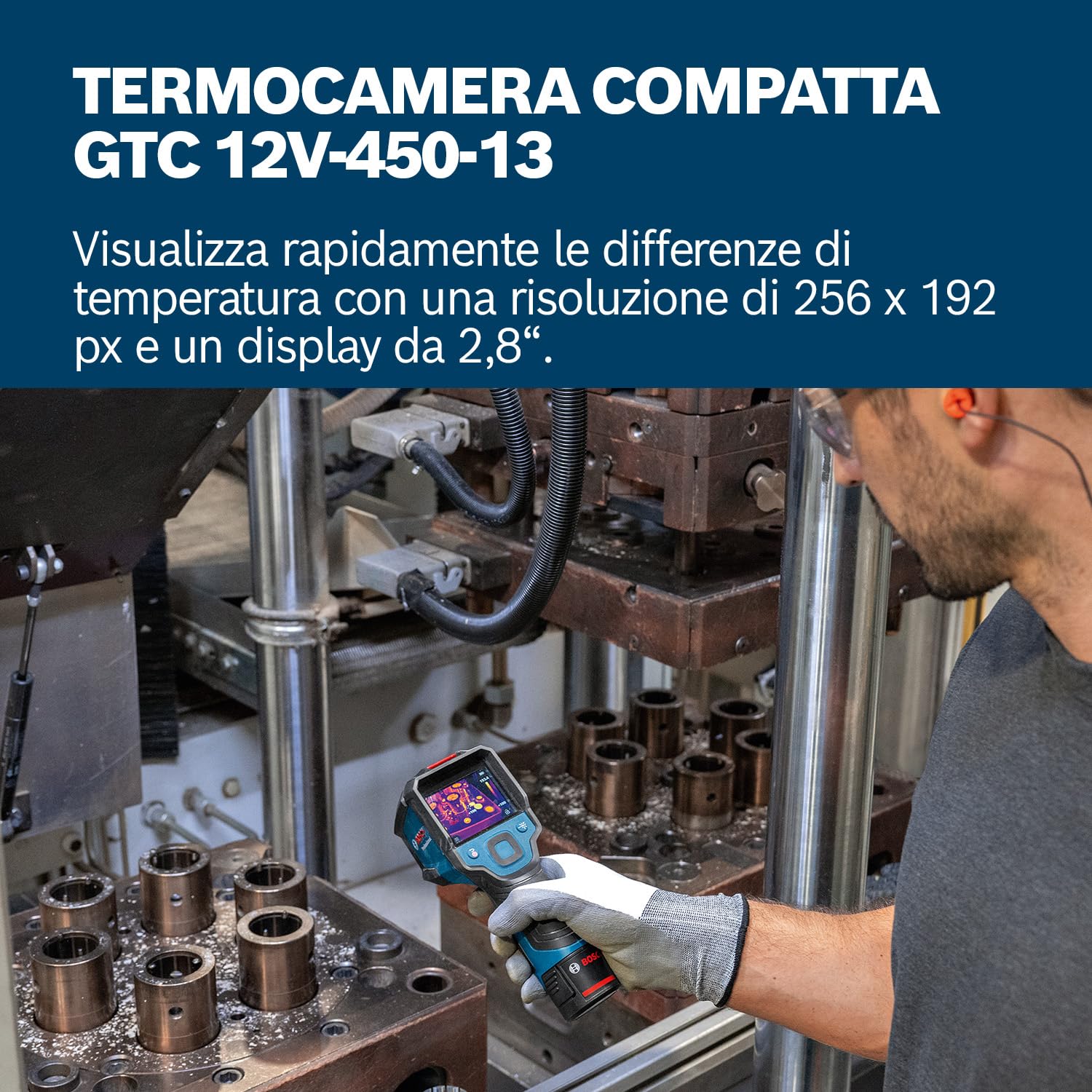 Bosch professional Termocamera GTC 12V-450-13 (256x192 px, da -20°C a +450 °C, doppia alimentazione, batteria agli ioni litio GBA 12V 2,0 Ah, caricabatterie GAL 12V-40, custodia, cavo USB-C®, L-Boxx)