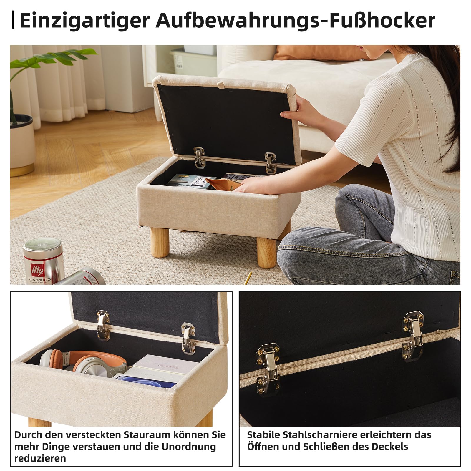 Aibiju Fußhocker mit Stauraum, Kleiner Ottoman-Fußhocker, Stoff-Fußhocker mit Holzbeinen für Wohnzimmer, Schlafzimmer, Eingangsbereich, Beige, YD-JD1361