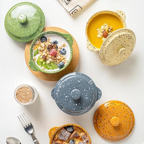 Miniatura 9 de Juego de 4 mini cocotte de cerámica para horno, cacerolas pequeñas de 10 onzas con asas y tapa, olla individual para soufflé, sopa, cobbler, moldes