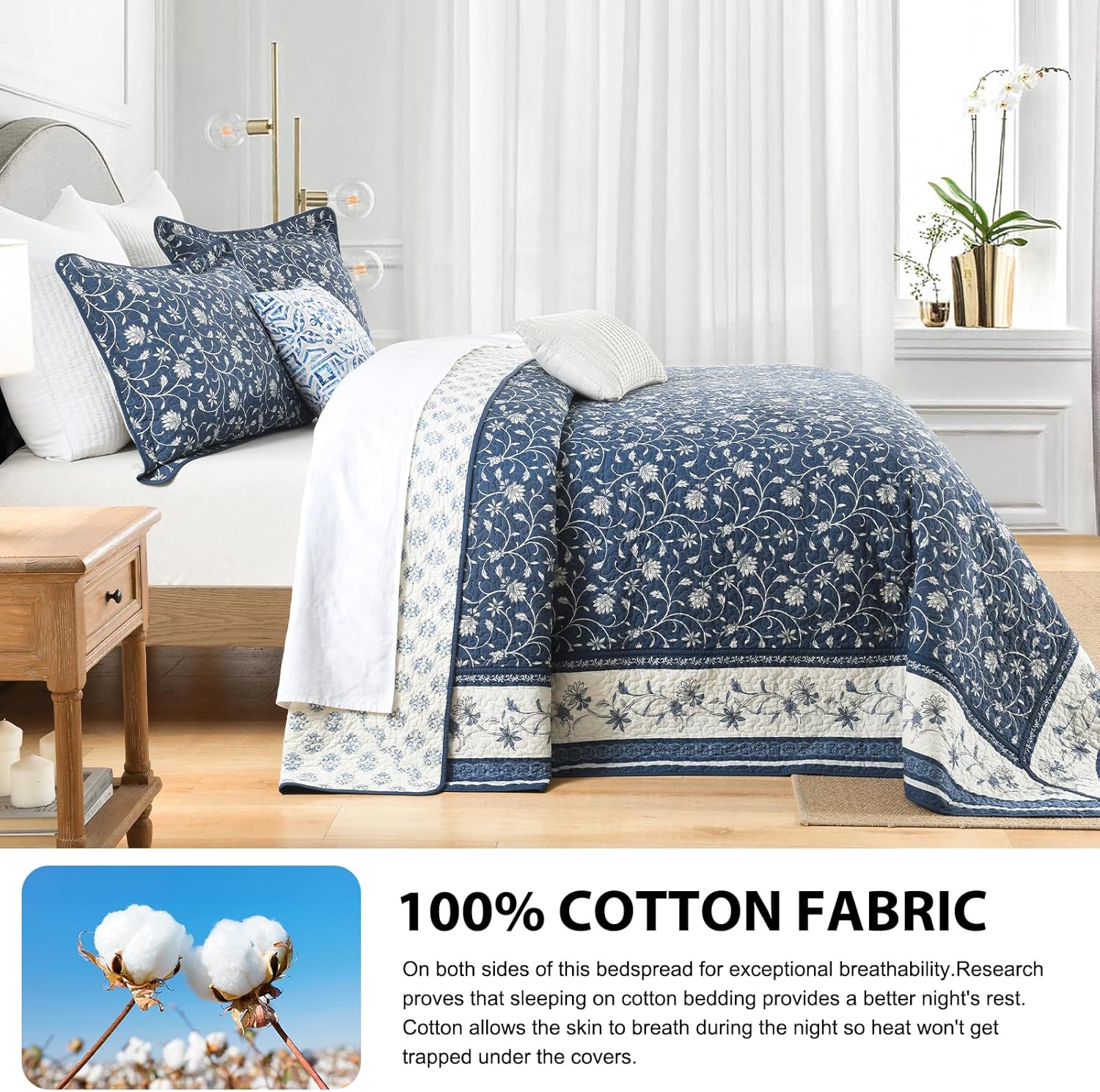 DDUOXIN Oversized King Bedspread 128"x120" - 100% Cotton Reversible California King Quilt with 2 Pillow Shams, Floral Botanical Bedspreads Coverlet Set, Navy/White/Gray, 3 Piece