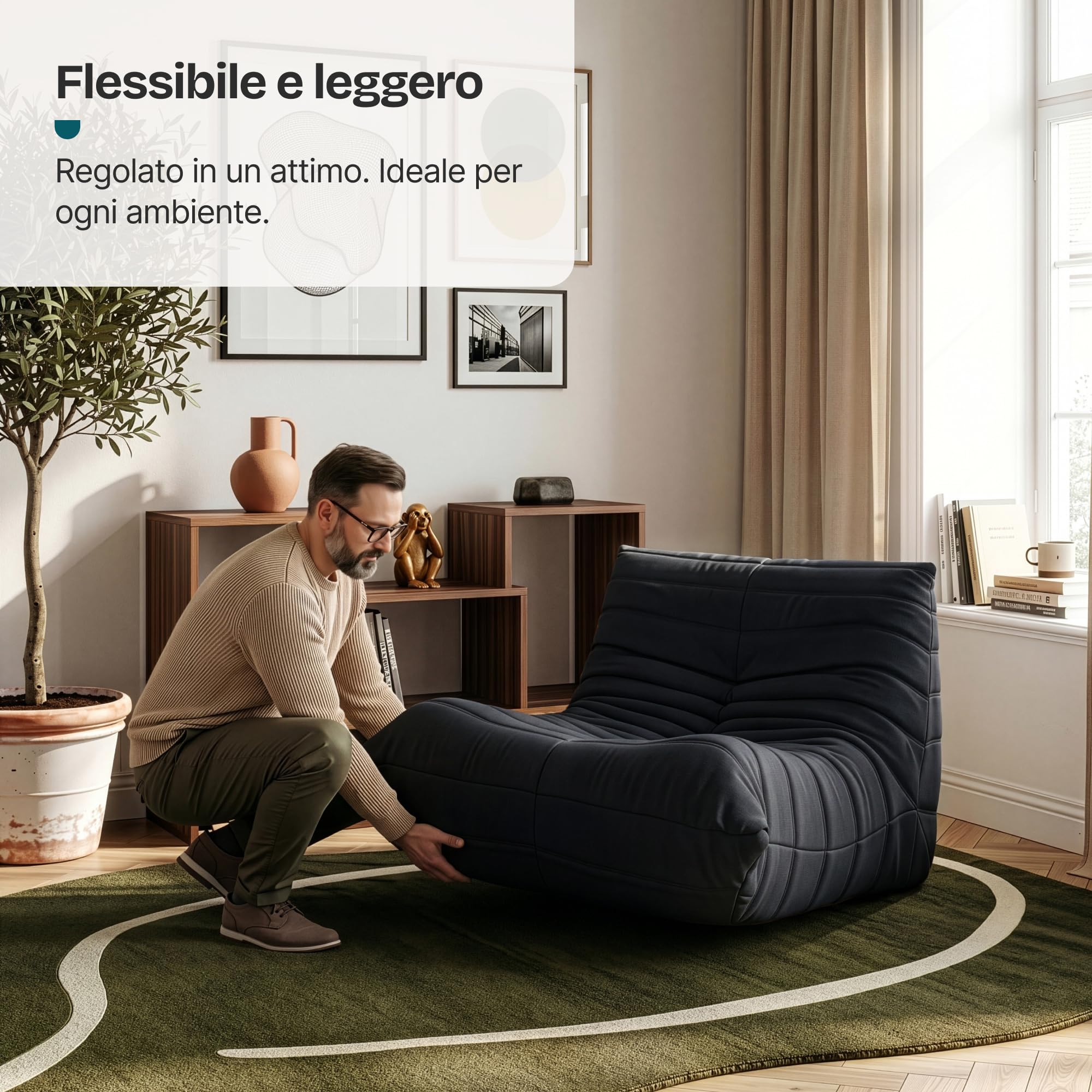 [en.casa] Poltrona Bassa Senza Braccioli Sedia Imbottita da Pavimento con Rivestimento Trapuntato in Microfibra Pouf Poltrona Relax Soggiorno Camera da Letto 75x90x100 cm - Nero