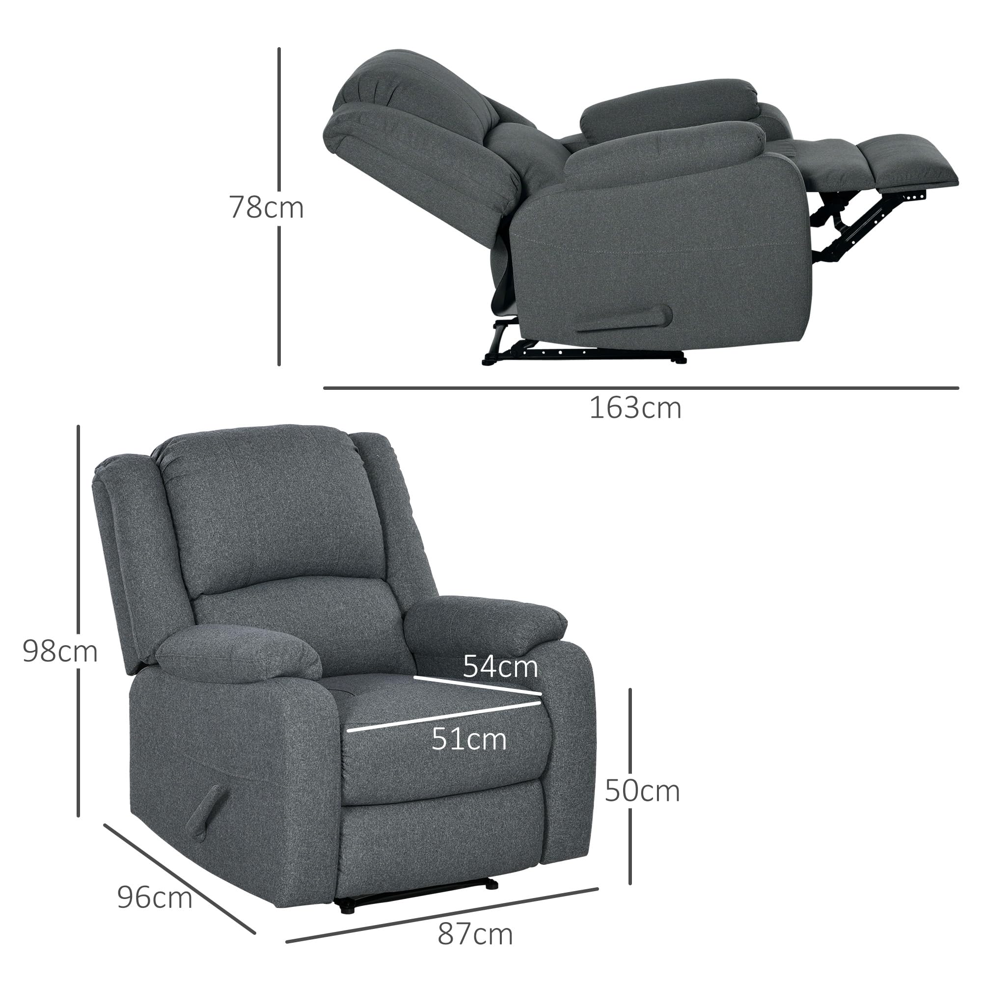 HOMCOM Relaxsessel Fernsehsessel mit Liegefunktion Liegesessel Sessel mit Verstellbarer Rückenlehne, Fußstütze TV-Sessel mit Leinenoptik für Wohnzimmer Schlafzimmer, Dunkelgrau