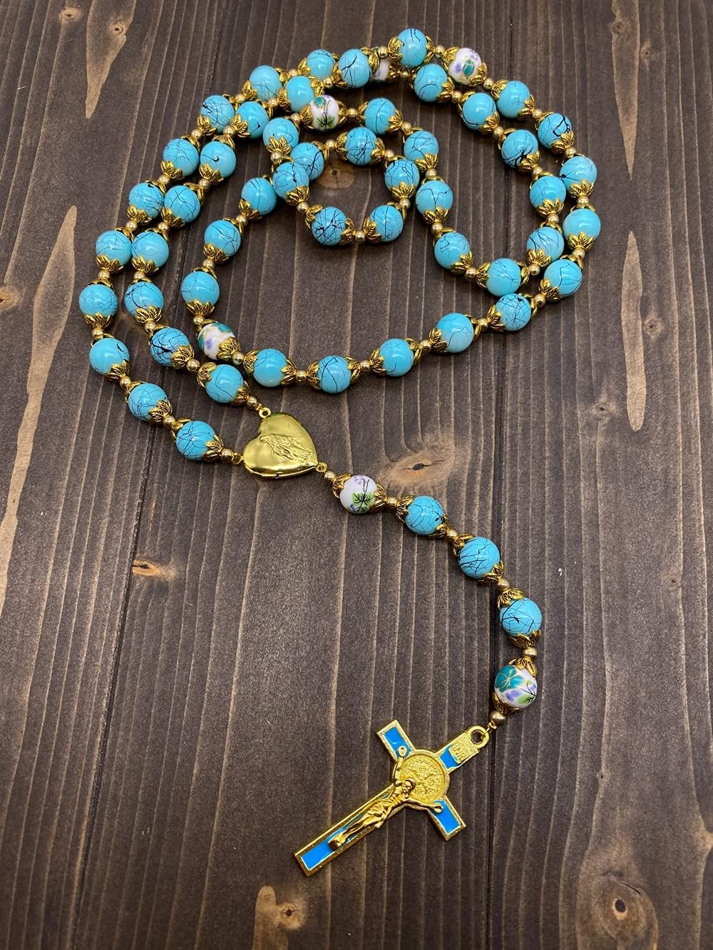 Nazareth Store Saint Benedict 10mm Glass Rosary Beads Catholic Necklace Flowers Mystery Bead Miraculous Medal Locket Cross Prayer Rosarios Catolicos