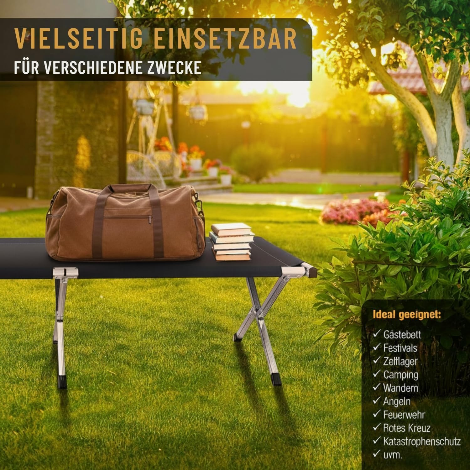 Kronenburg Feldbett XXL, Campingbett 210 cm x 72 cm x 45 cm – Belastbarkeit bis 200 kg - Stahlrohr verstärkt - in Schwarz