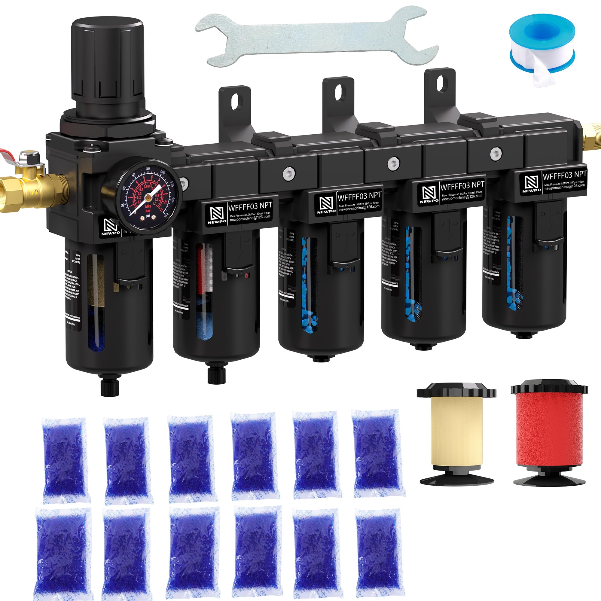 NEWPO Sécheur d'air NPT à 5 étapes de 0,95 cm pour compresseur, régulateur de pression d'air avec cartouche filtrante de 5 et 0,01 microns, triple sécheur déshydratant et système de séchage à l'air