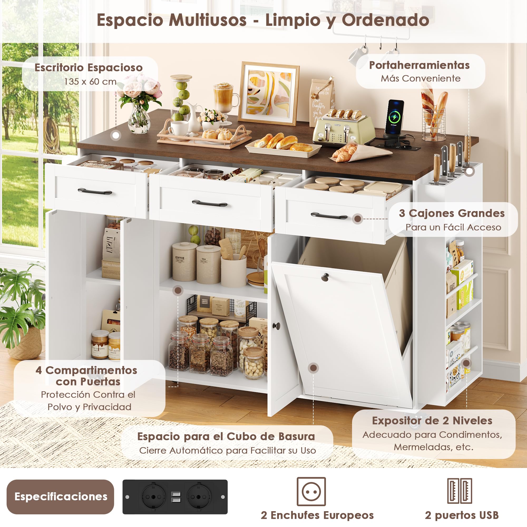 FirFurd Isla Cocina con Ruedas Carro de Cocina Carrito de Comedor Aparador con 3 Cajones Mueble Cocina Auxiliar con Mesa Plegable, Eenchufe, Especiero y Toallero, Blanco 135x60x88cm — view 5