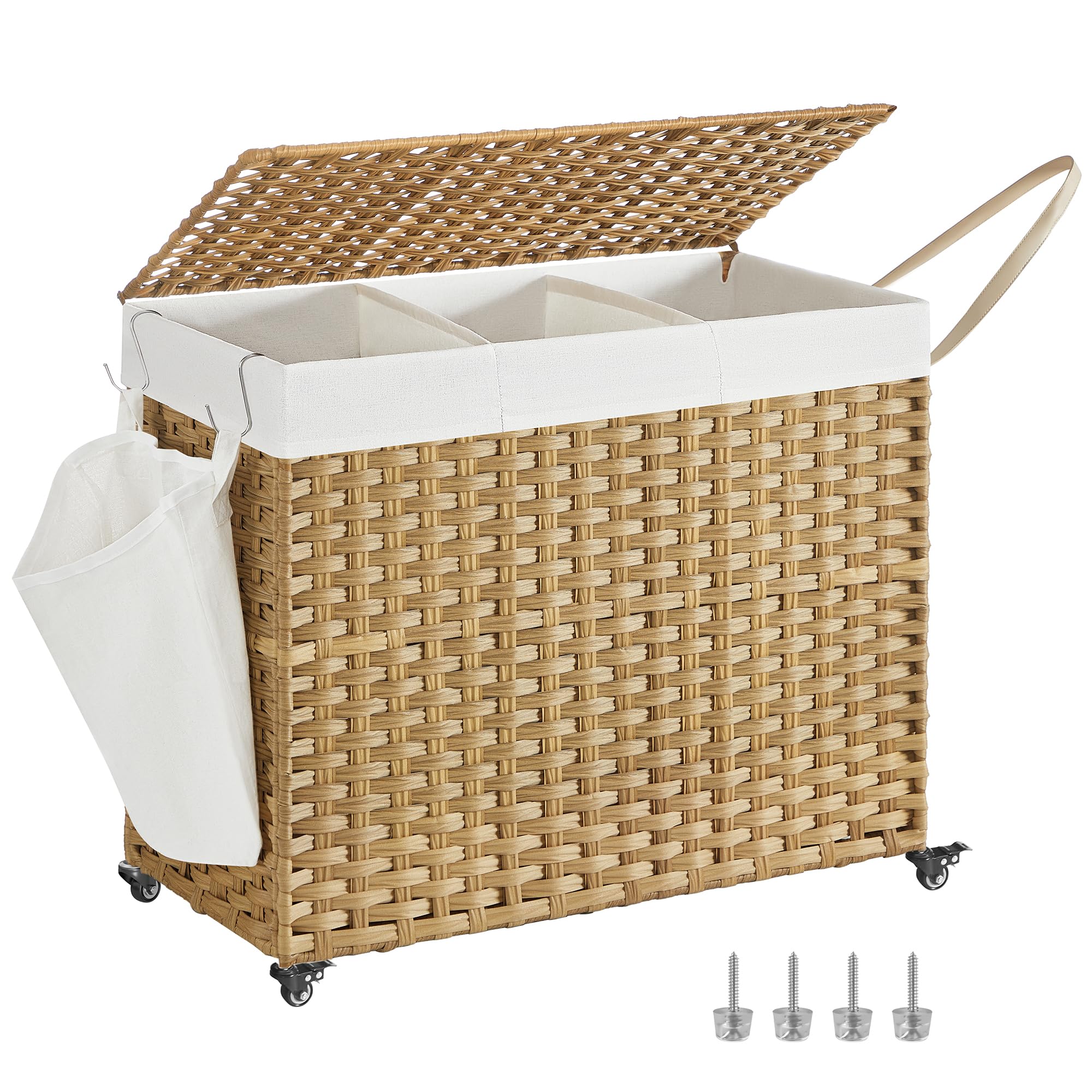 SONGMICS Laundry Hamper with Lid, 42.3 Gallons (160 L), Rolling Laundry Basket with Wheels, 3-Section Synthetic Rattan, Removable Liner, Bedroom, 27.6 x 14.2 x 26 Inches, Natural ULCB365N01
