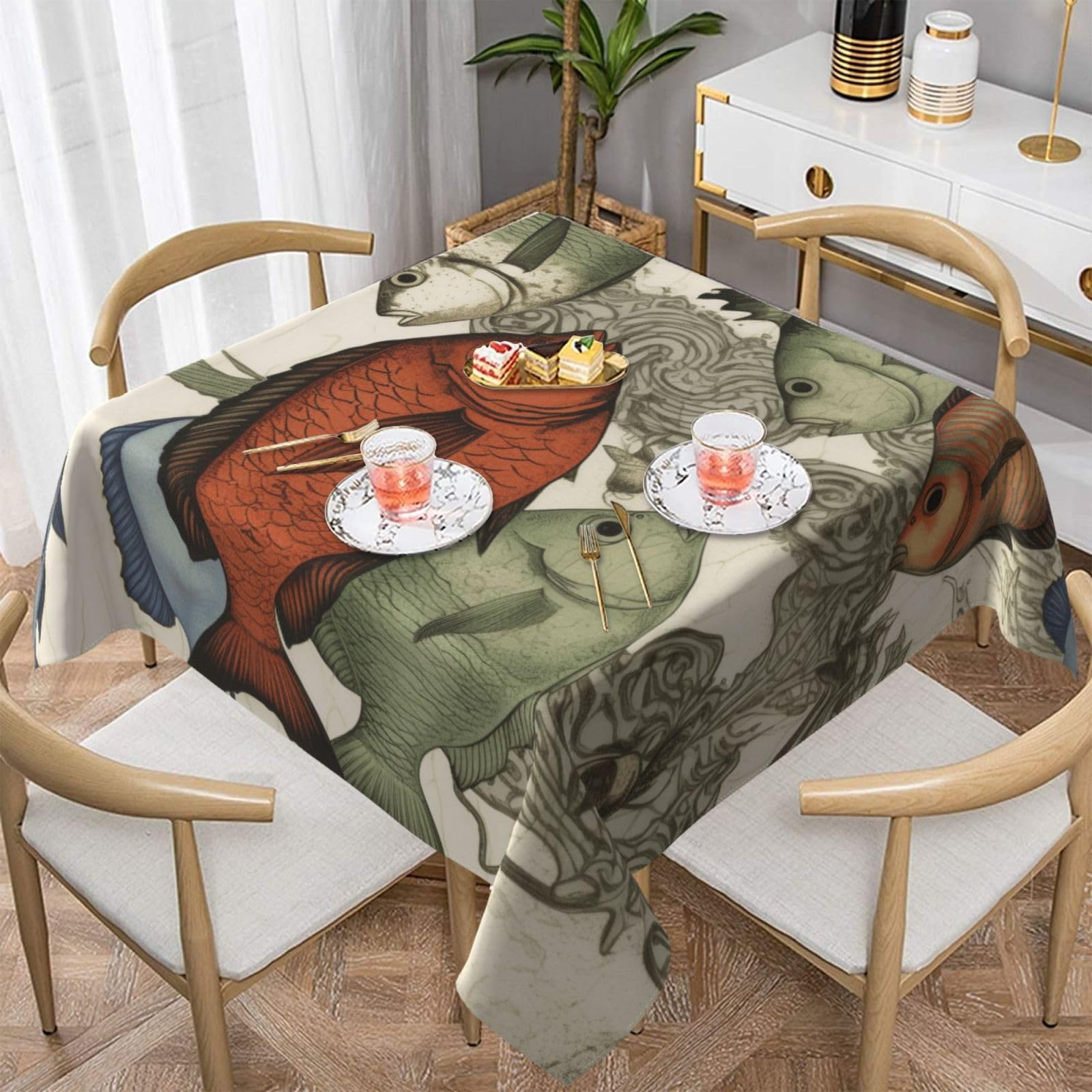 WPKJU Fish Printed Square Tablecloth 60x60 inch Water Resistant Table Cover Washable Rectangle Table Cloth for Dining Tables