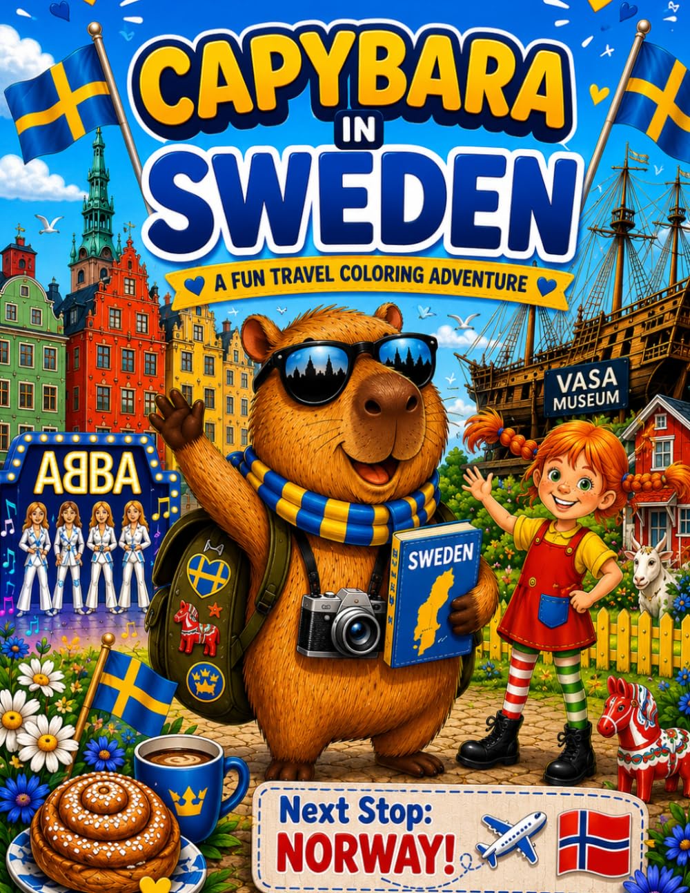 Capybara in Sweden: A Fun Travel Coloring Adventure for Kids (Capybara Around the World)
