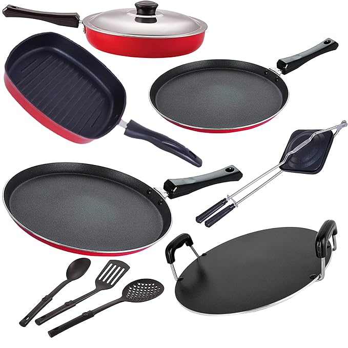 NIRLON Nonstick Aluminium Chemical-Free Combo Items Set for Kitchen Cooking, Red and Black-9 Pieces -2.6mm_FT13_FT10_GP(24)_RT_HT_FP12_3SPN at Rs. 2932