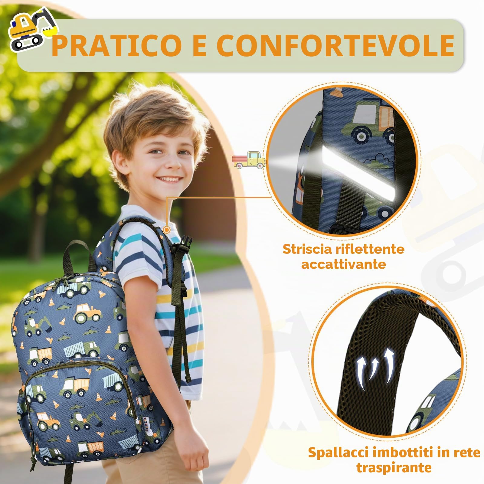 Chase Chic Zaino per Bambini, Borsa da Scuola con Strisce Riflettenti di Sicurezza, 3-6 Anni Zaino Leggero per Bambini