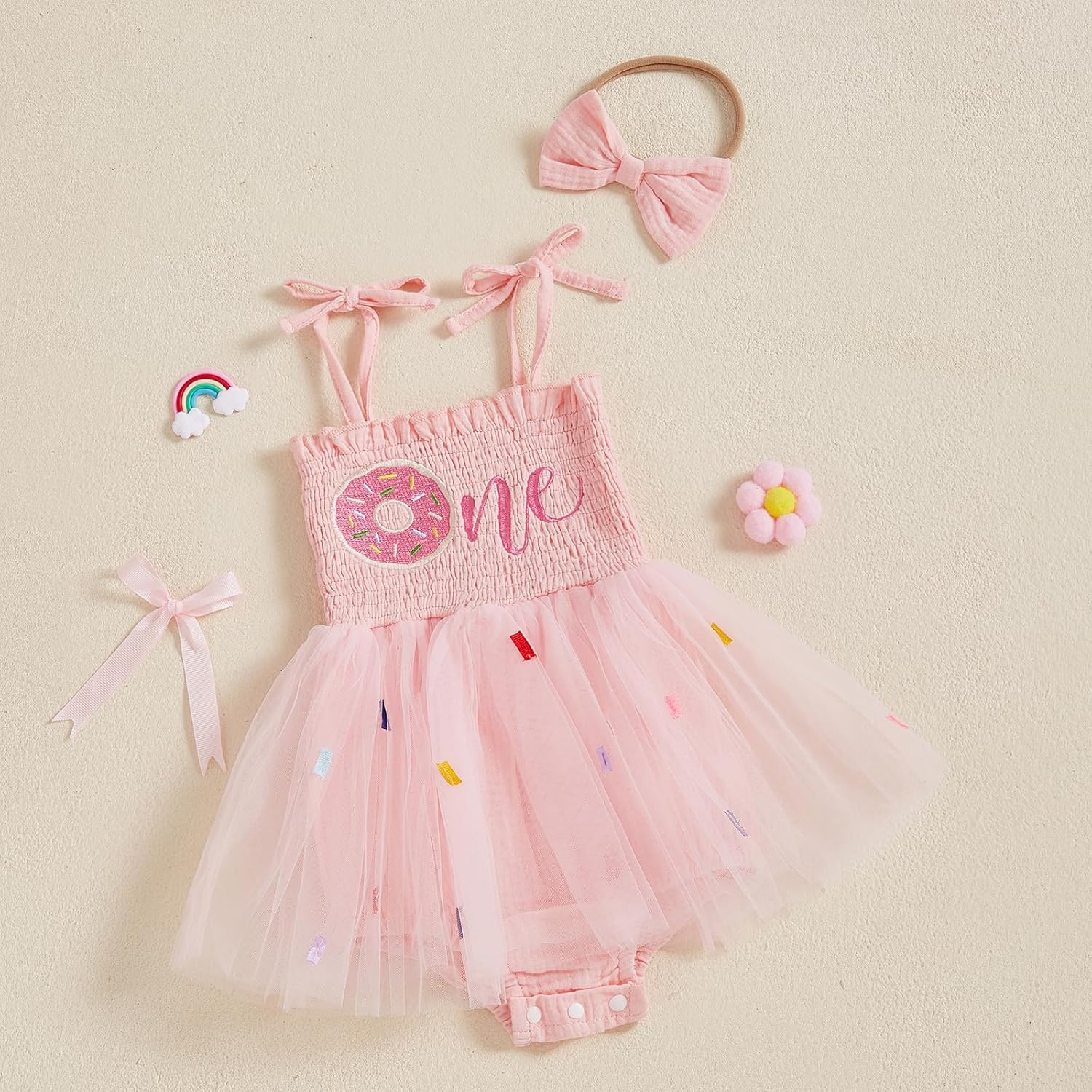 SAYOO Baby Girls 1st Birthday Romper One Year Old Donut Embroidery Smocked Romper Dress Tulle Cake Smash Bodysuit Clothes - Image 2
