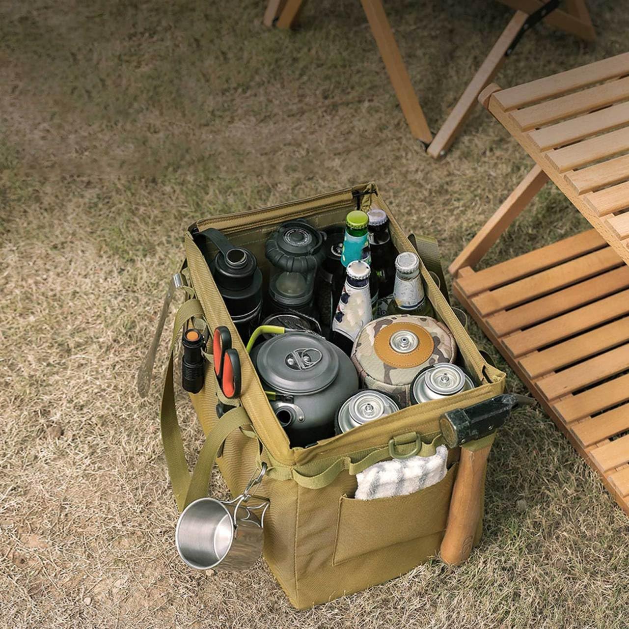 Borsa Portaoggetti Pieghevole da Campeggio in Tela Oxford Khaki