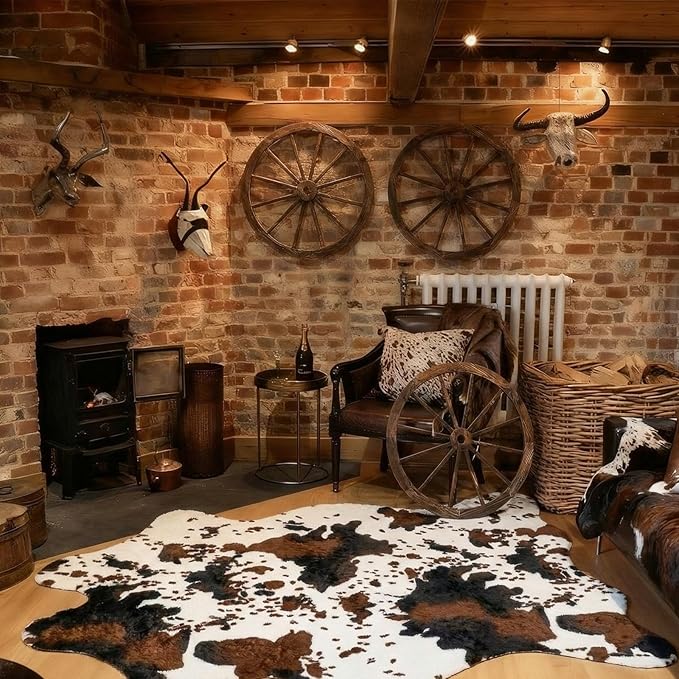 Alfombra Vaquera Nuanchu con Estampado de Vaca y Rueda de Madera miniatura 6