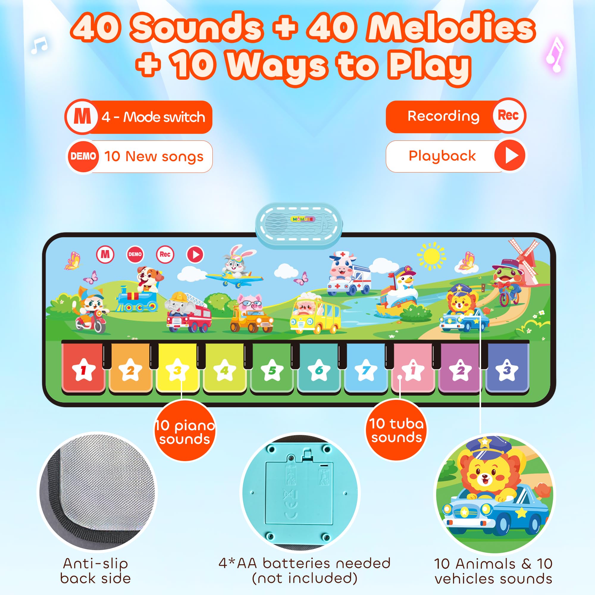 MOMUSE Piano Music Mat with 80 Sounds, Musical Play Mat Built in 10 Animals & 10 Cars, Toddlers Educational Toys 1-3 - Image 4